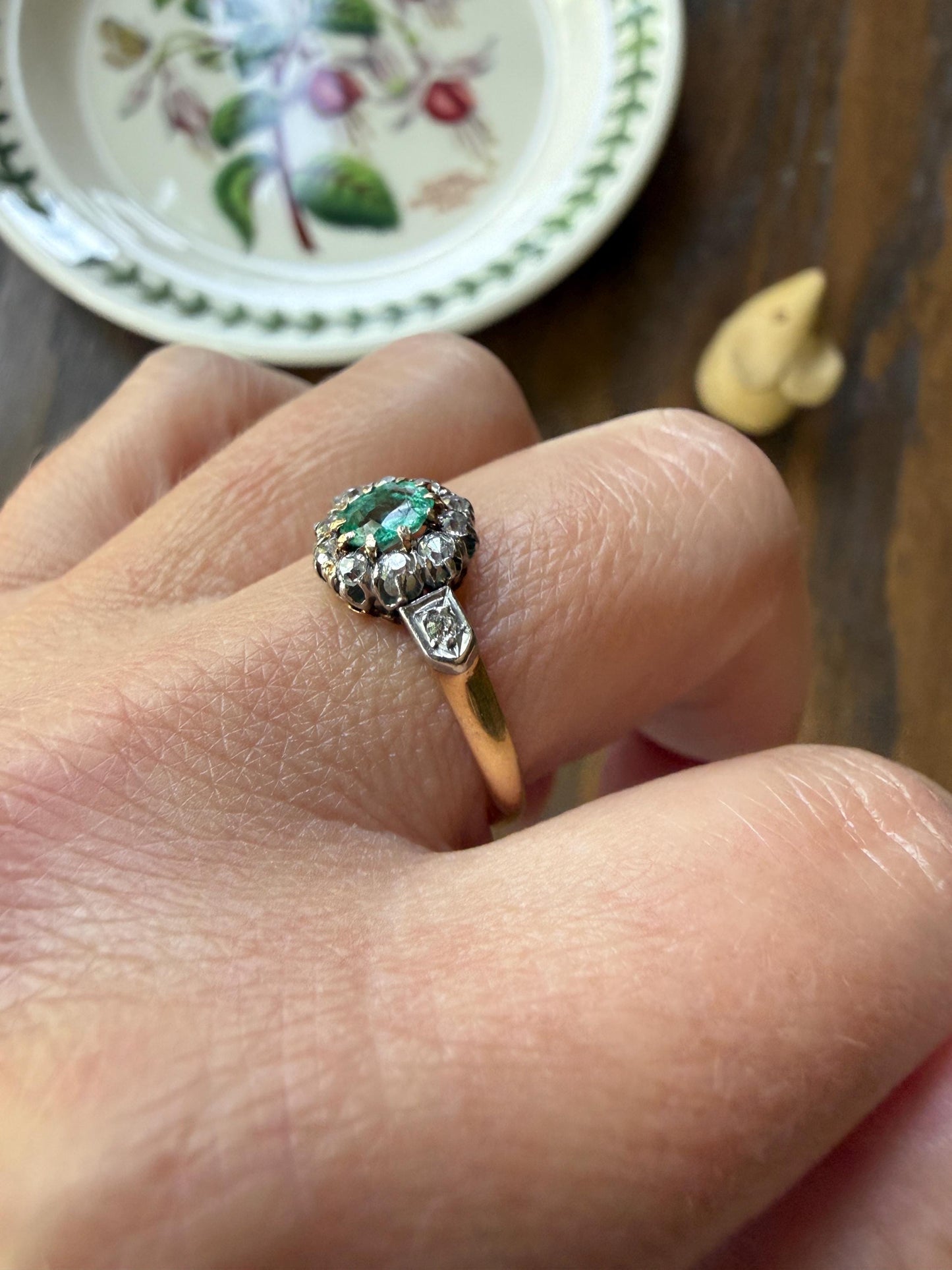 Emerald Old Mine Cut Diamond ANTIQUE Halo Ring 18k Gold Platinum Stacker