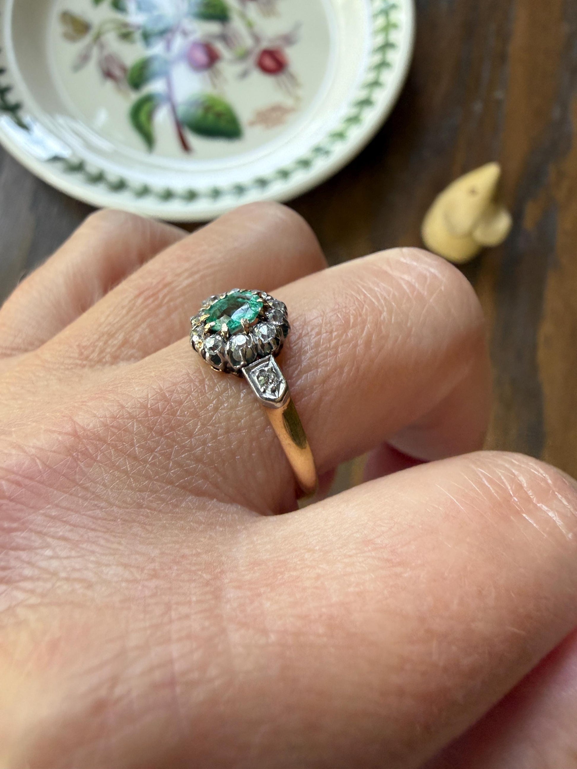 Emerald Old Mine Cut Diamond ANTIQUE Halo Ring 18k Gold Platinum Stacker
