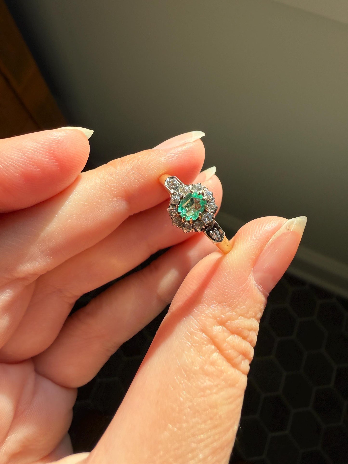 Emerald Old Mine Cut Diamond ANTIQUE Halo Ring 18k Gold Platinum Stacker