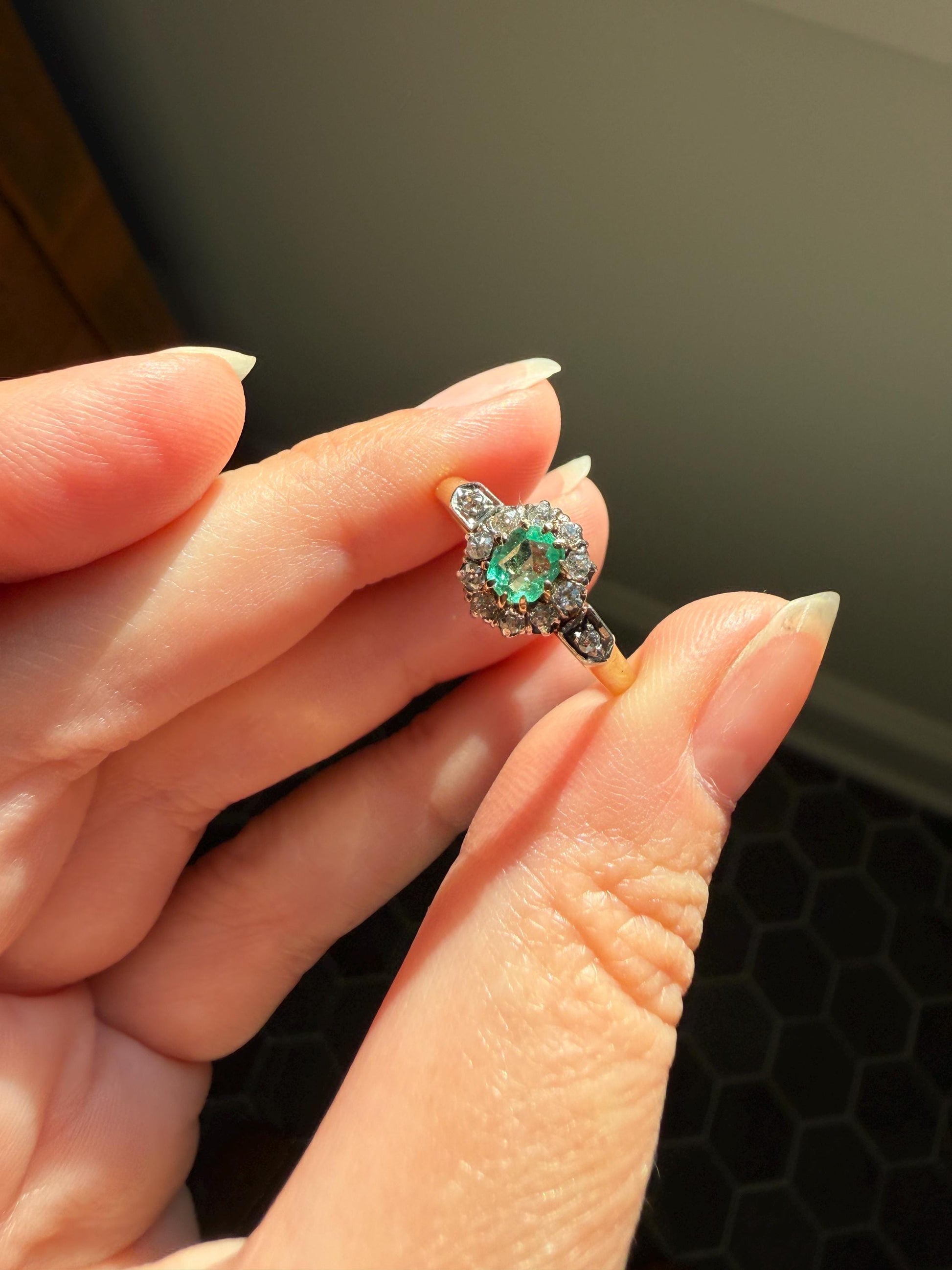 Emerald Old Mine Cut Diamond ANTIQUE Halo Ring 18k Gold Platinum Stacker