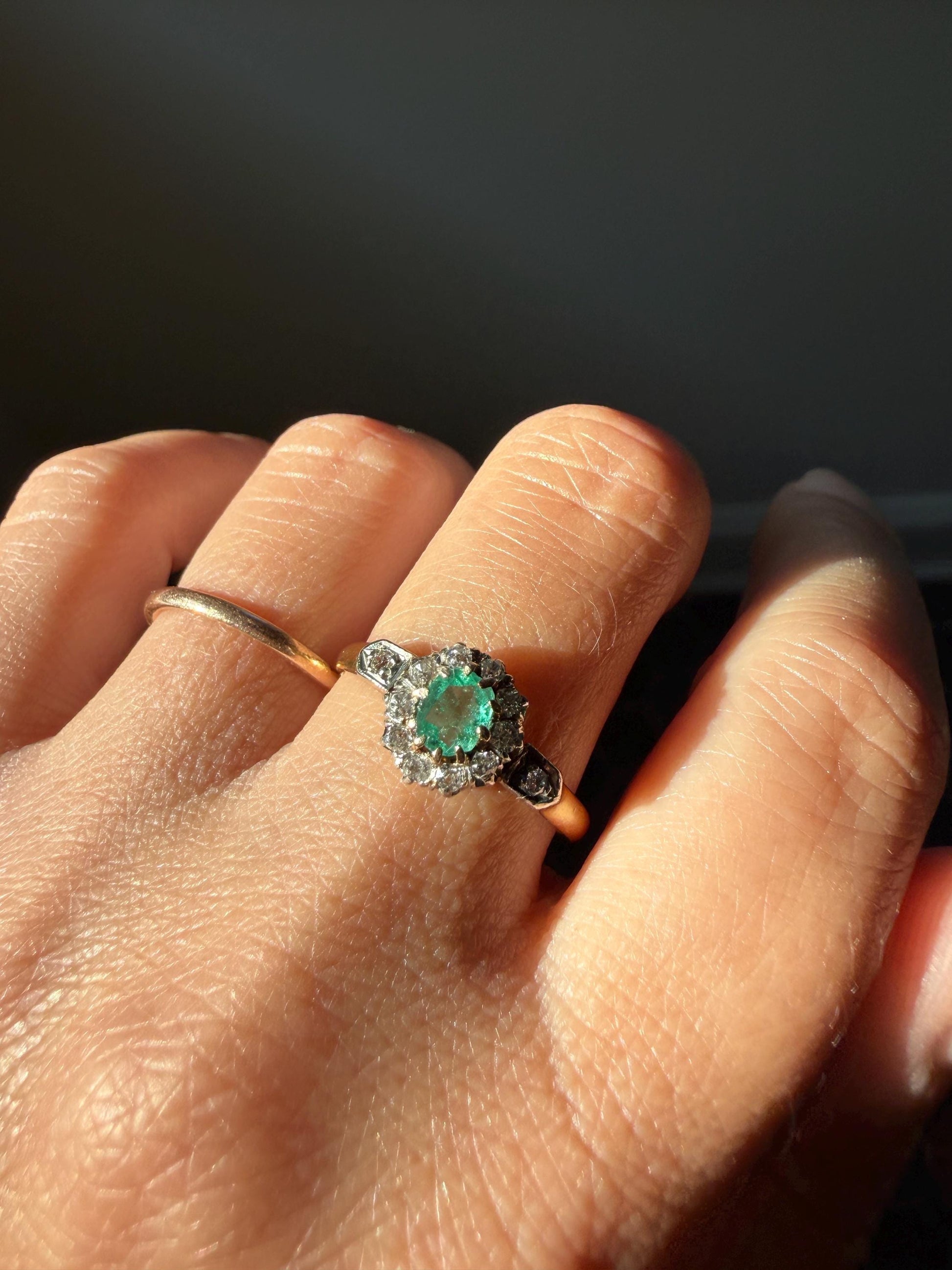Emerald Old Mine Cut Diamond ANTIQUE Halo Ring 18k Gold Platinum Stacker
