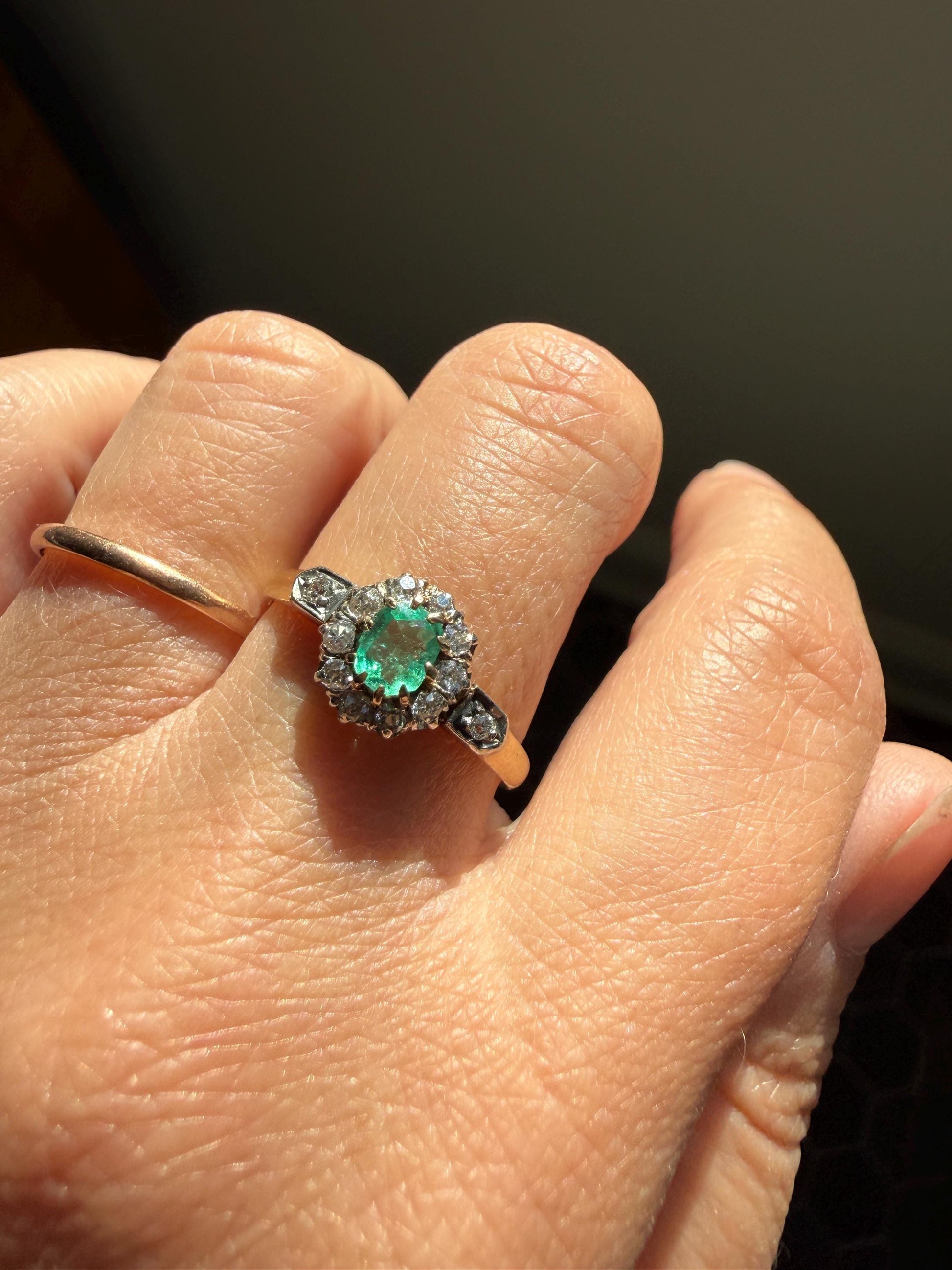 Emerald Old Mine Cut Diamond ANTIQUE Halo Ring 18k Gold Platinum Stacker