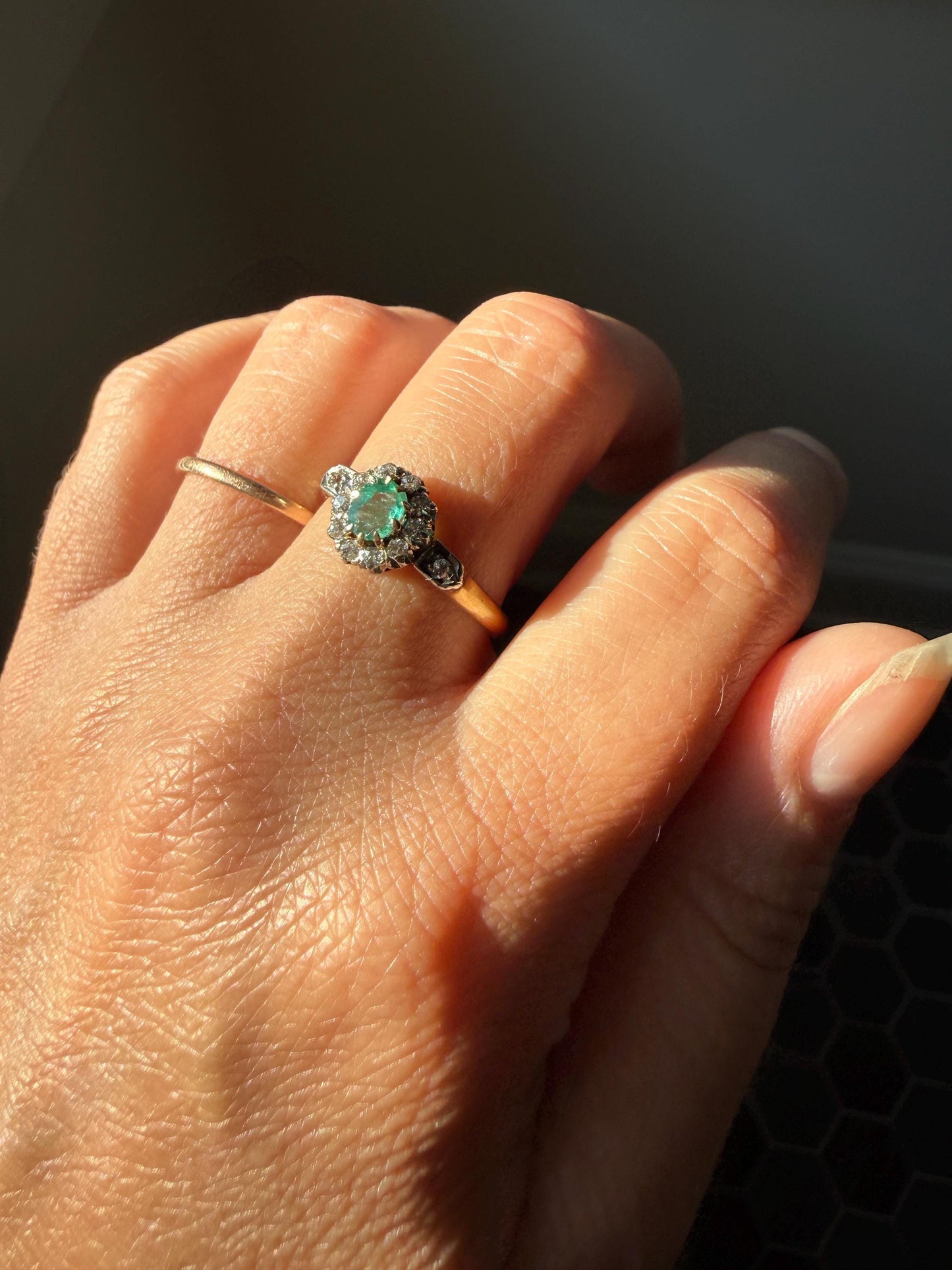 Emerald Old Mine Cut Diamond ANTIQUE Halo Ring 18k Gold Platinum Stacker
