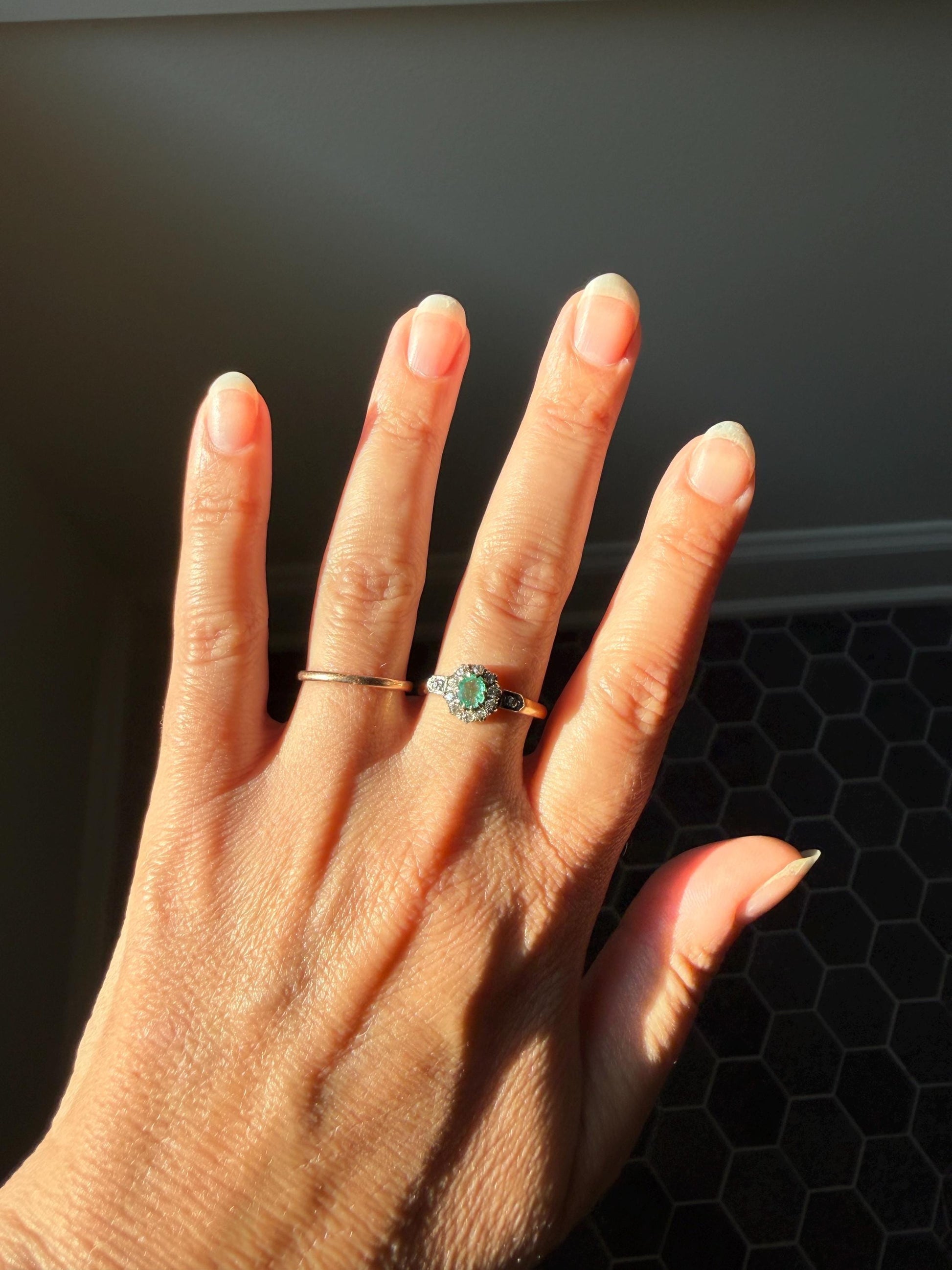 Emerald Old Mine Cut Diamond ANTIQUE Halo Ring 18k Gold Platinum Stacker