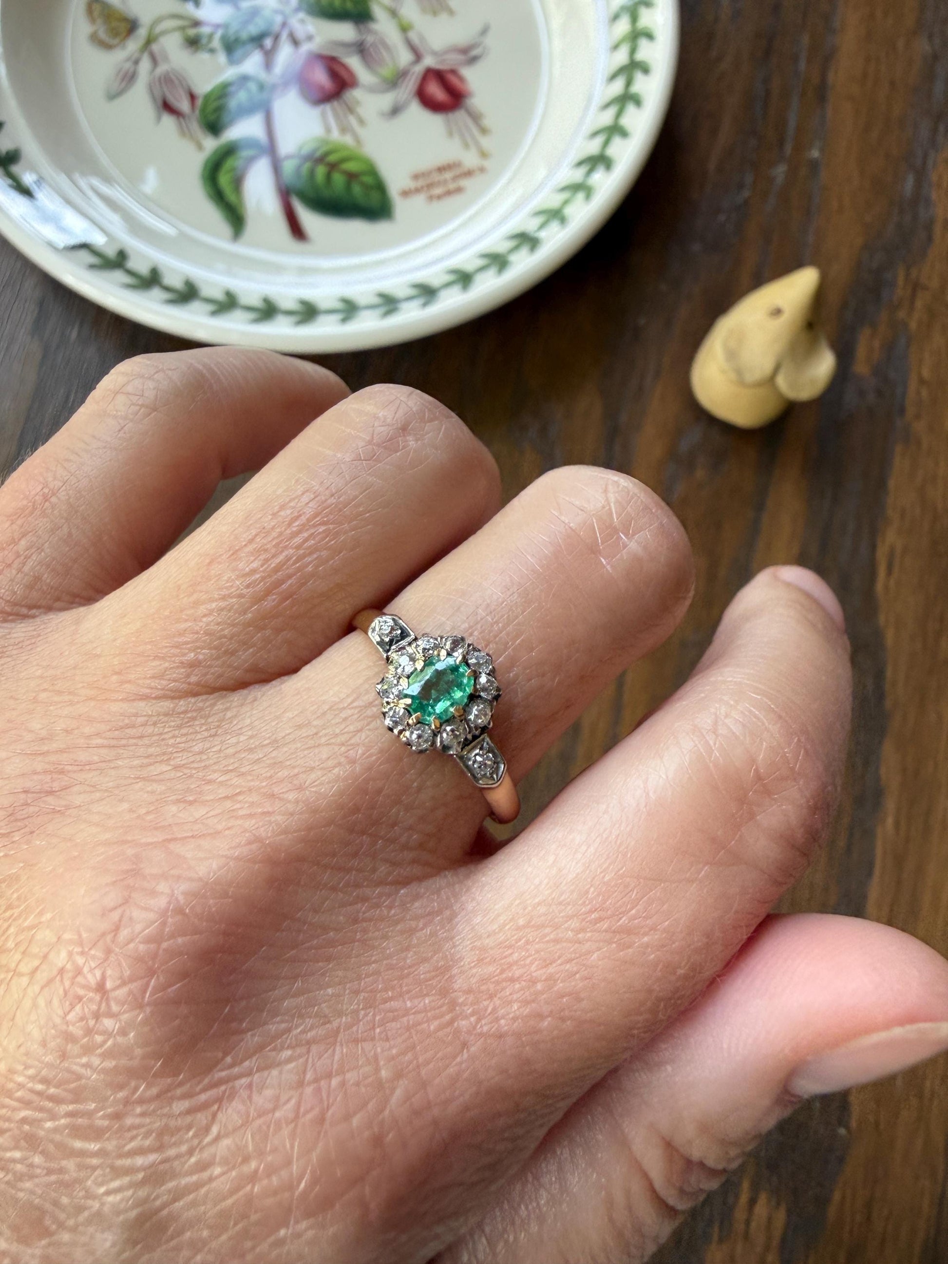 Emerald Old Mine Cut Diamond ANTIQUE Halo Ring 18k Gold Platinum Stacker