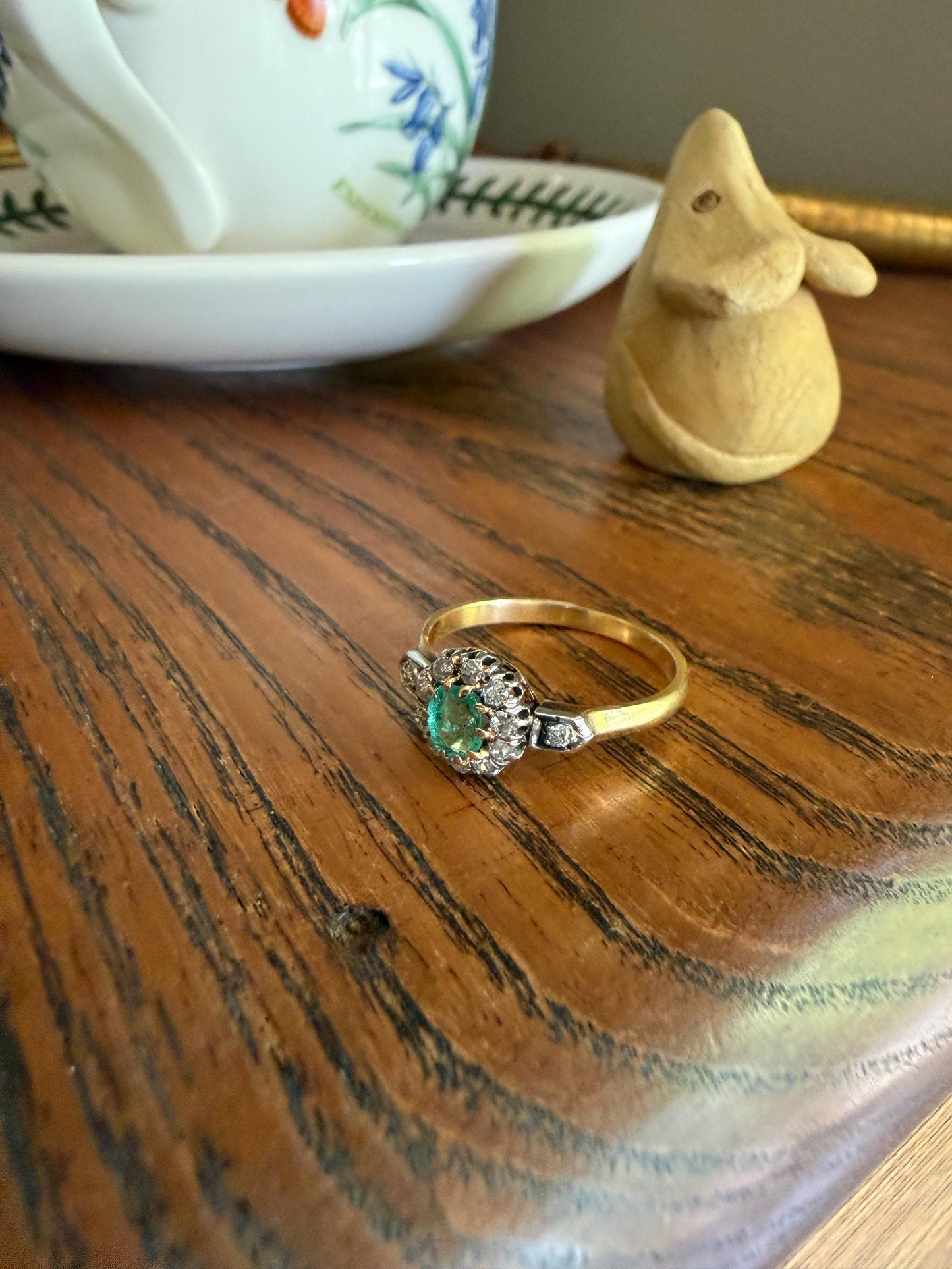 Emerald Old Mine Cut Diamond ANTIQUE Halo Ring 18k Gold Platinum Stacker