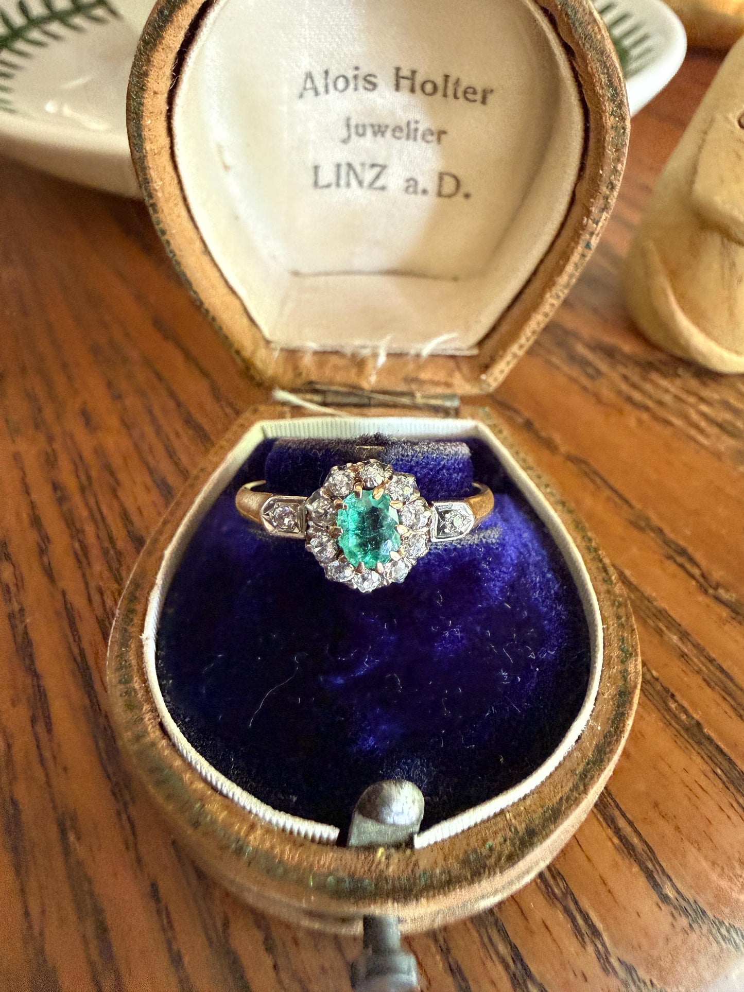 Emerald Old Mine Cut Diamond ANTIQUE Halo Ring 18k Gold Platinum Stacker