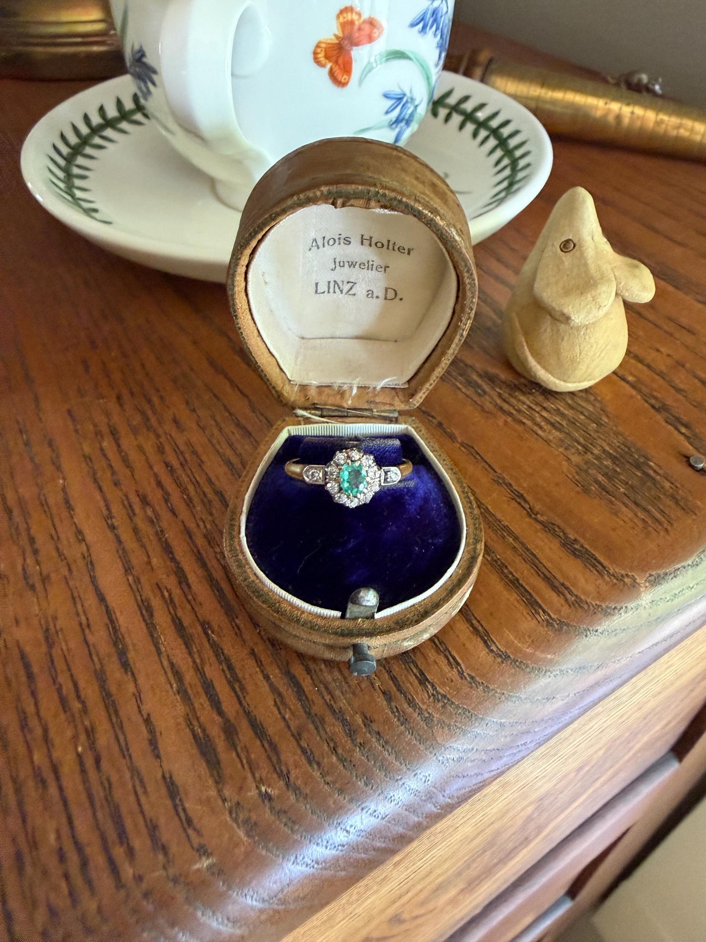 Emerald Old Mine Cut Diamond ANTIQUE Halo Ring 18k Gold Platinum Stacker