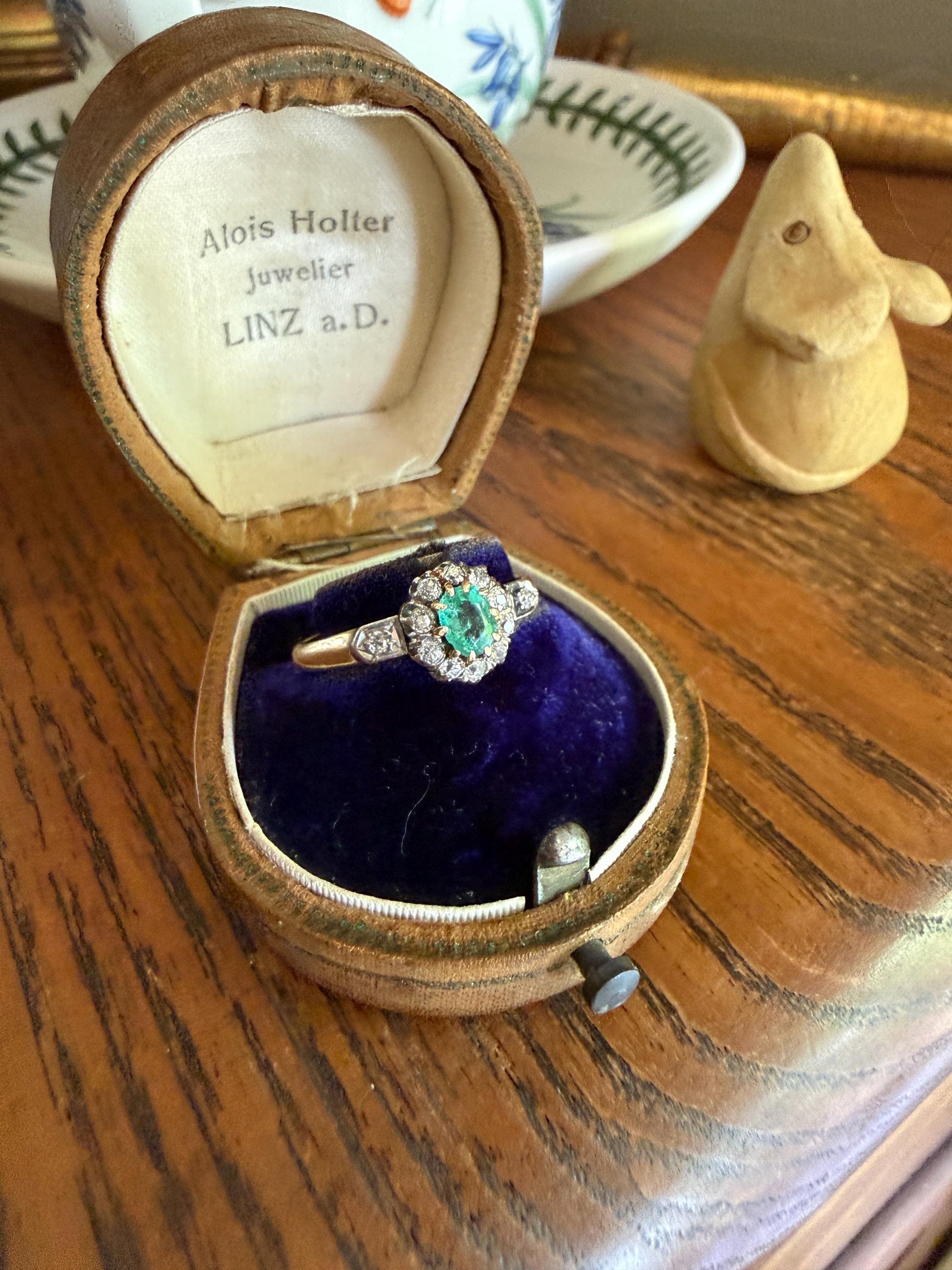 Emerald Old Mine Cut Diamond ANTIQUE Halo Ring 18k Gold Platinum Stacker