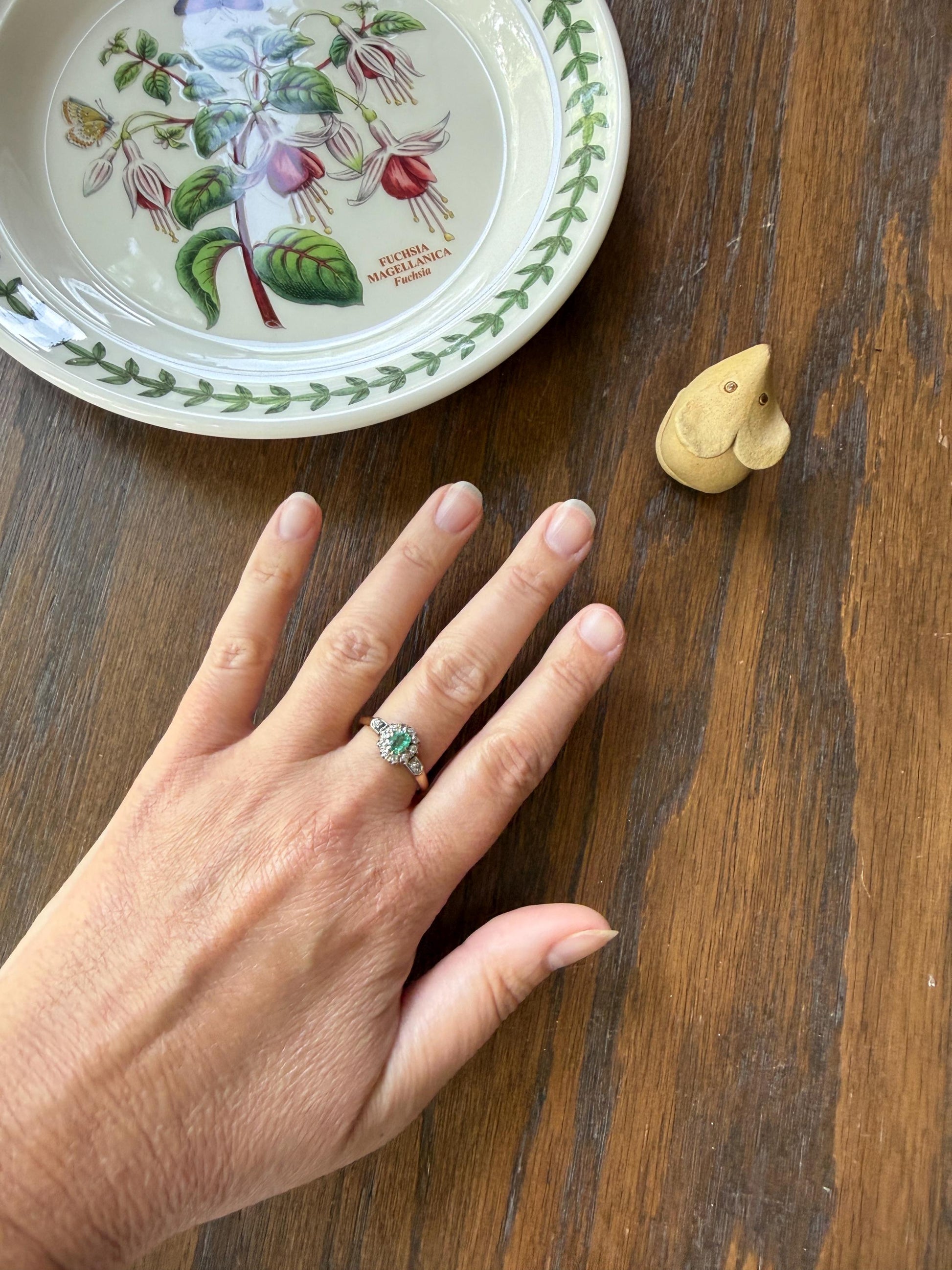 Emerald Old Mine Cut Diamond ANTIQUE Halo Ring 18k Gold Platinum Stacker