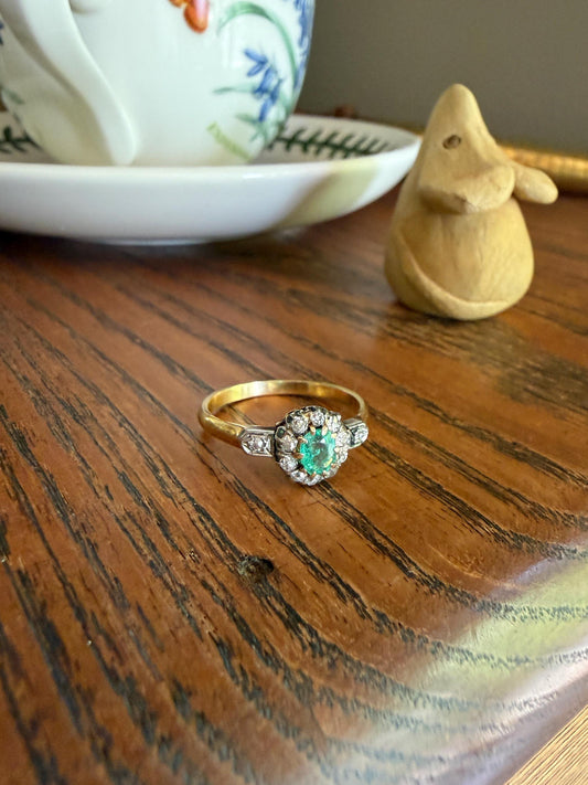 Emerald Old Mine Cut Diamond ANTIQUE Halo Ring 18k Gold Platinum Stacker