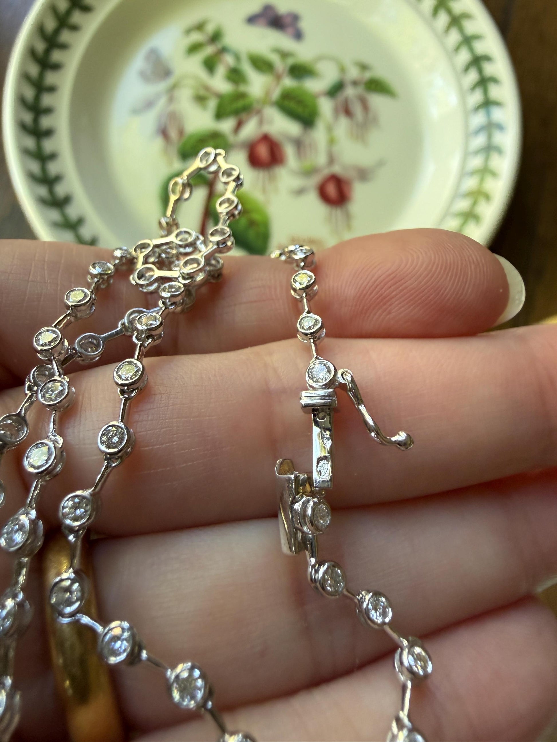 Vintage 73 Bezel Set 3.6 Carats Diamond Riviera Eternity Tennis Chain 18k White Gold Necklace French 16" Minimalist Geometric Layering VTG