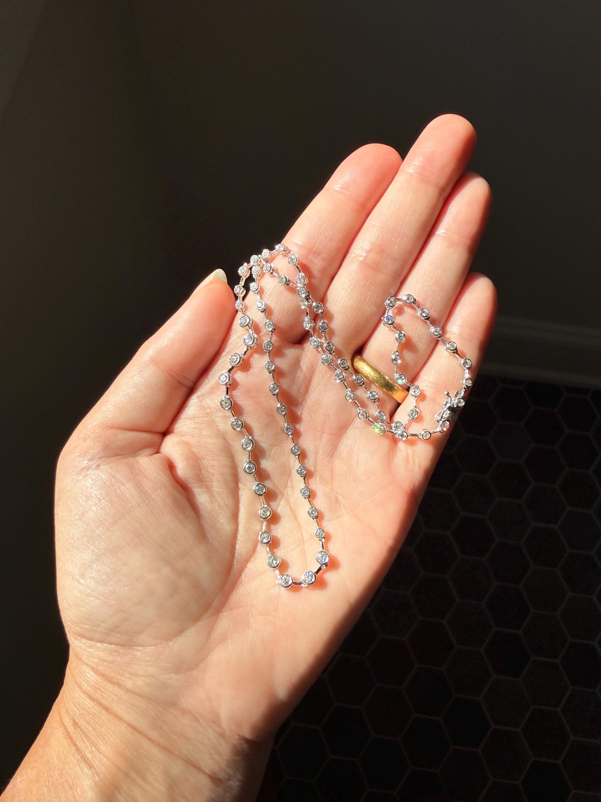 Vintage 73 Bezel Set 3.6 Carats Diamond Riviera Eternity Tennis Chain 18k White Gold Necklace French 16" Minimalist Geometric Layering VTG