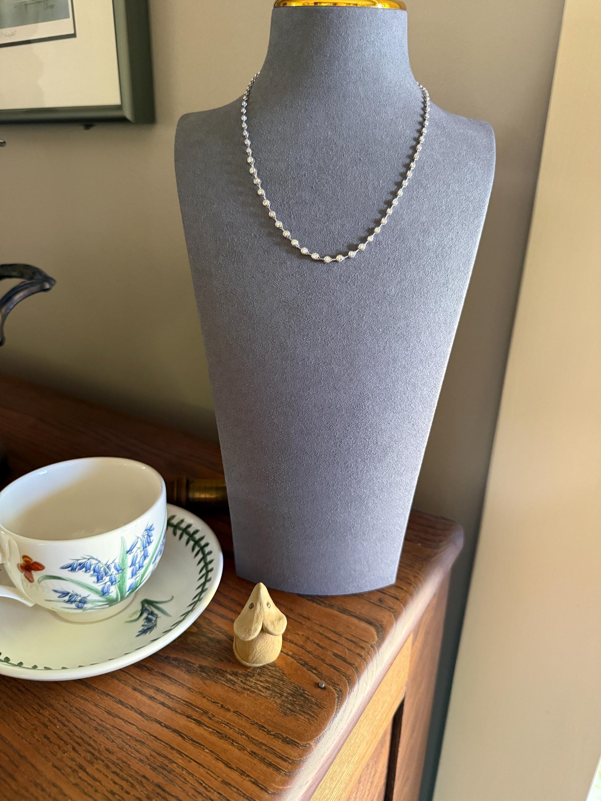 Vintage 73 Bezel Set 3.6 Carats Diamond Riviera Eternity Tennis Chain 18k White Gold Necklace French 16" Minimalist Geometric Layering VTG