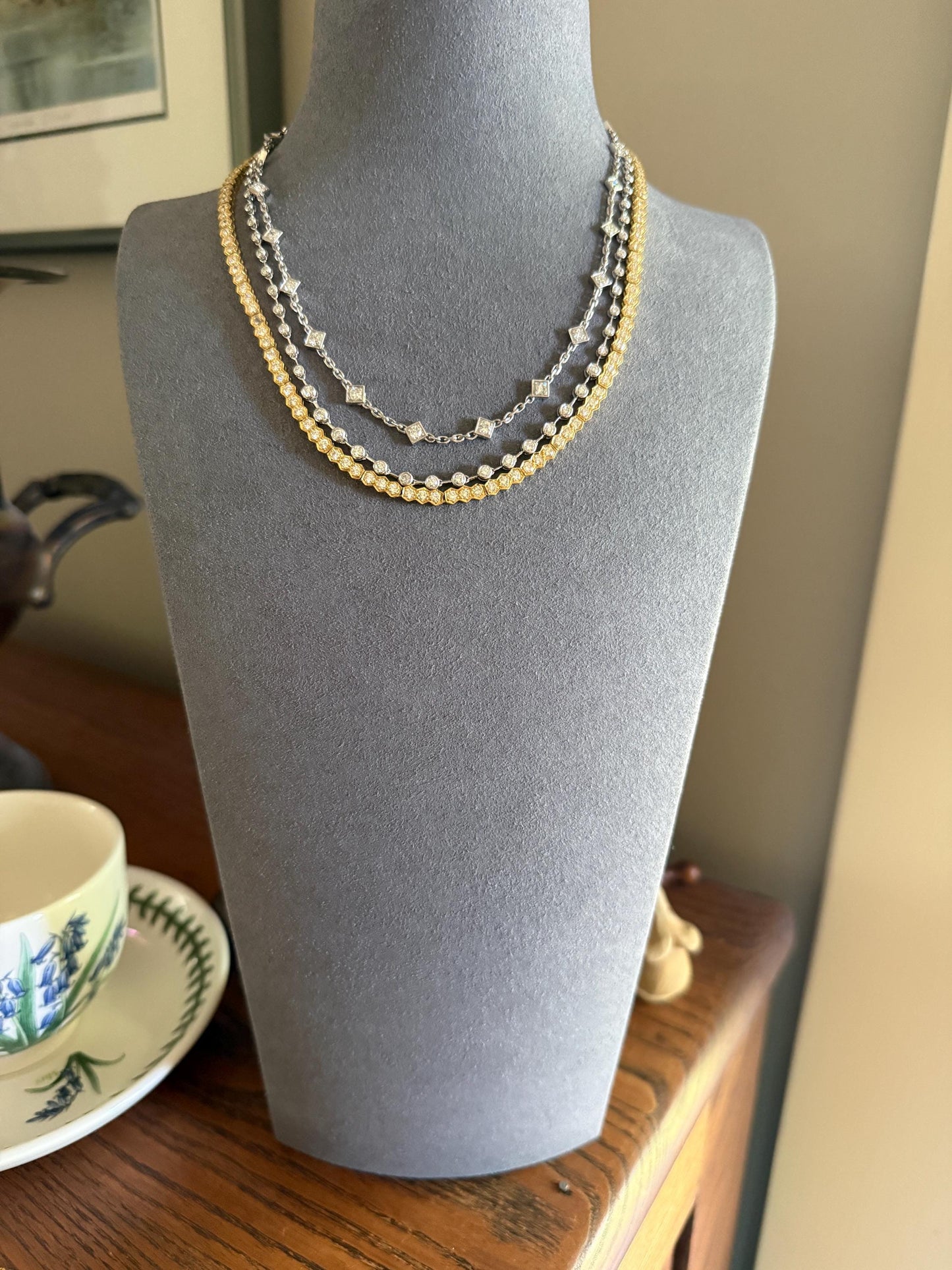 Vintage 73 Bezel Set 3.6 Carats Diamond Riviera Eternity Tennis Chain 18k White Gold Necklace French 16" Minimalist Geometric Layering VTG