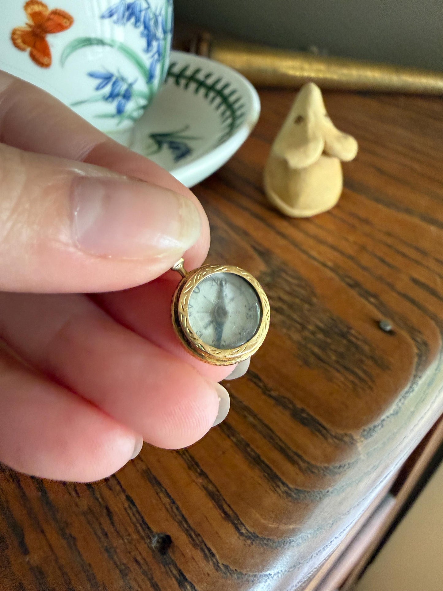 COMPASS French Antique 18k Gold Pendant Reversible Chubby Victorian Fob to Help you Find Your Way : ) Floral Embossed Rim