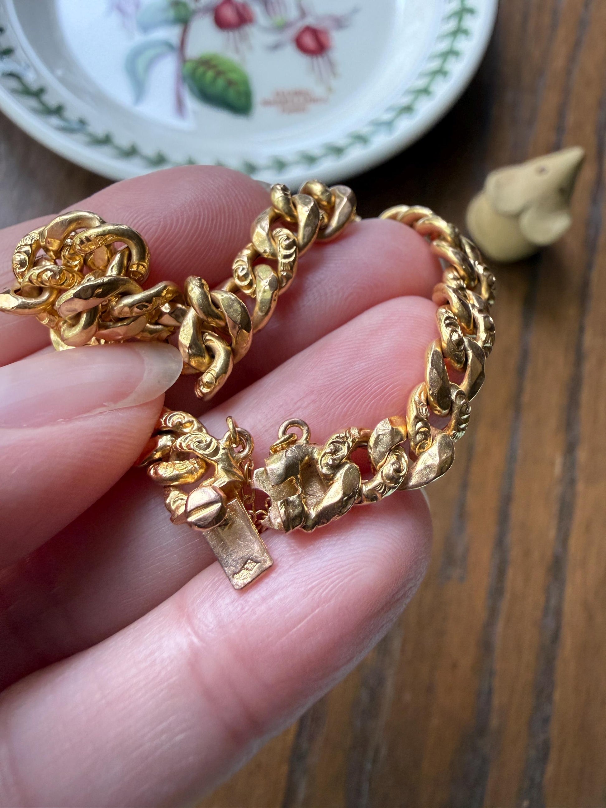 French Antique 18k Gold Embossed and Faceted Cuban Curb Link Chain Bracelet Gold Wriststack Shimmer Gift