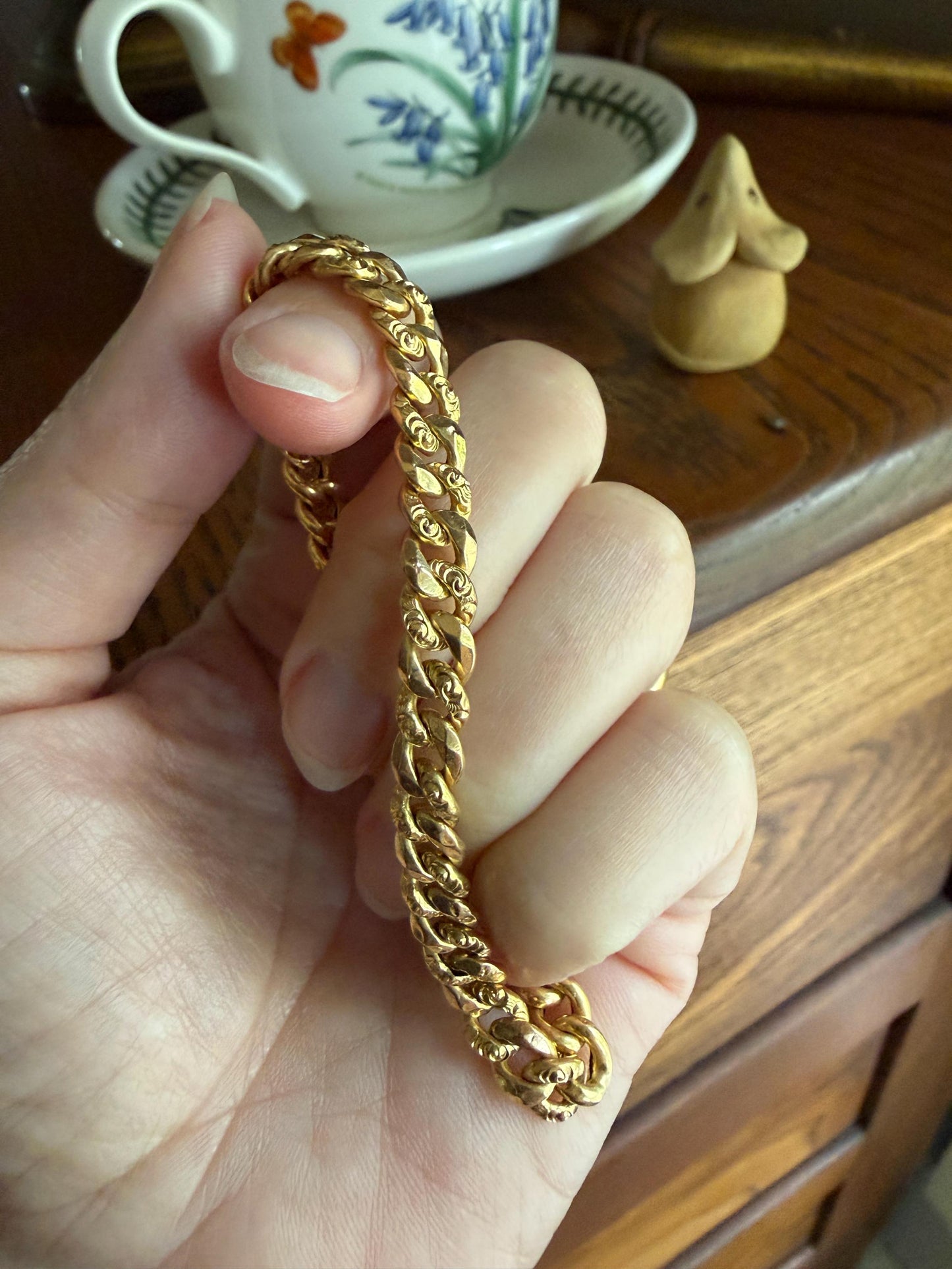 French Antique 18k Gold Embossed and Faceted Cuban Curb Link Chain Bracelet Gold Wriststack Shimmer Gift
