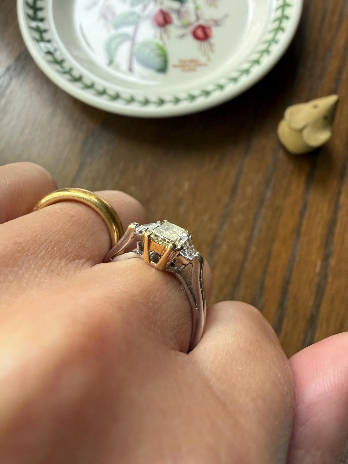 Pale Yellow Eye Clean 1.6Ctw Natural Radiant Cut DIAMOND Ring Solitaire Step Cut Half Moon Accents Three Stone 14k 18k Gold Engagement Ring