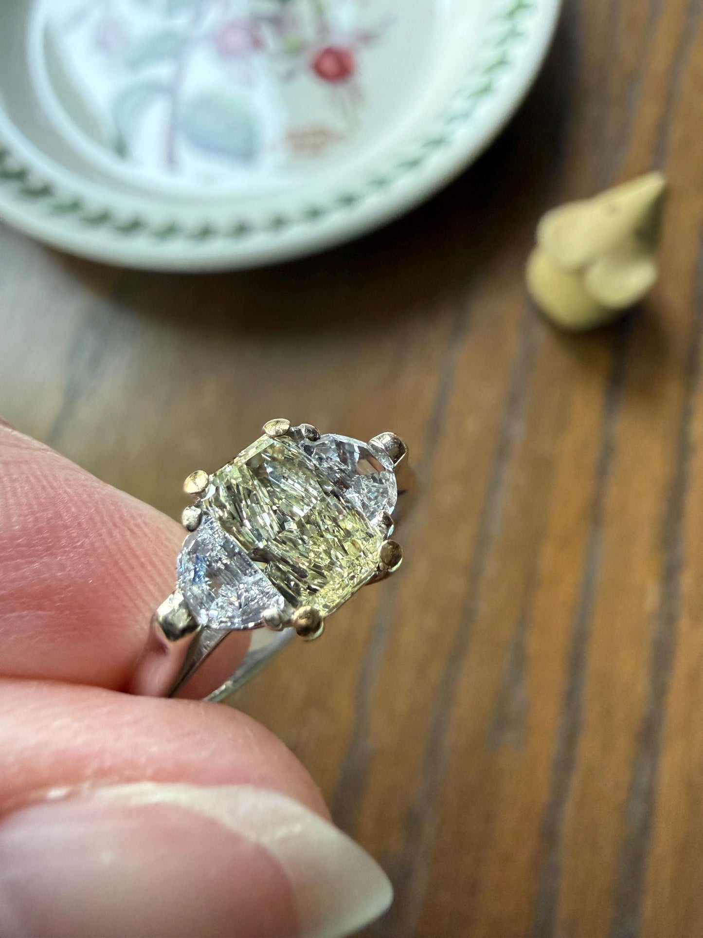 Pale Yellow Eye Clean 1.6Ctw Natural Radiant Cut DIAMOND Ring Solitaire Step Cut Half Moon Accents Three Stone 14k 18k Gold Engagement Ring