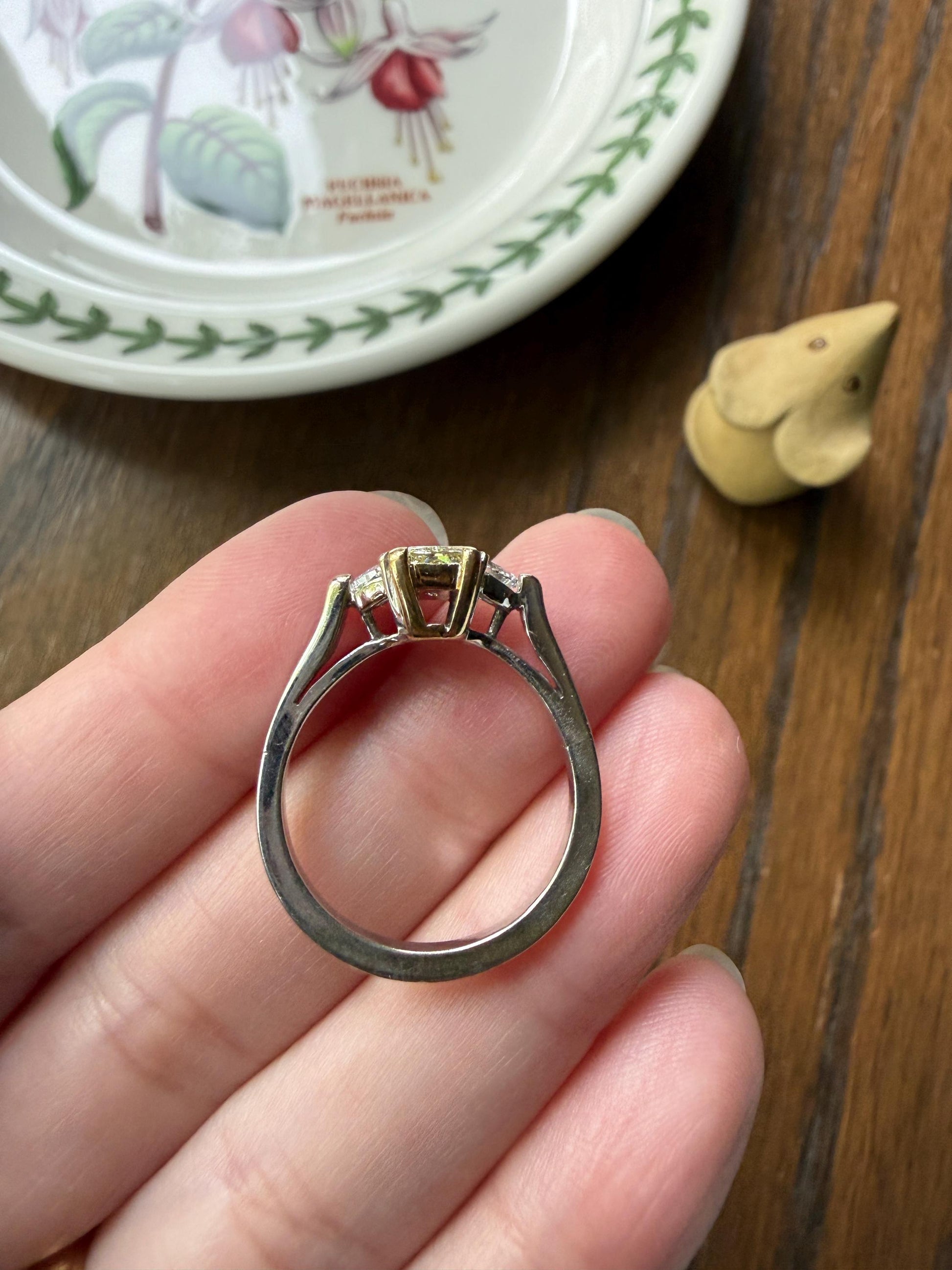 Pale Yellow Eye Clean 1.6Ctw Natural Radiant Cut DIAMOND Ring Solitaire Step Cut Half Moon Accents Three Stone 14k 18k Gold Engagement Ring