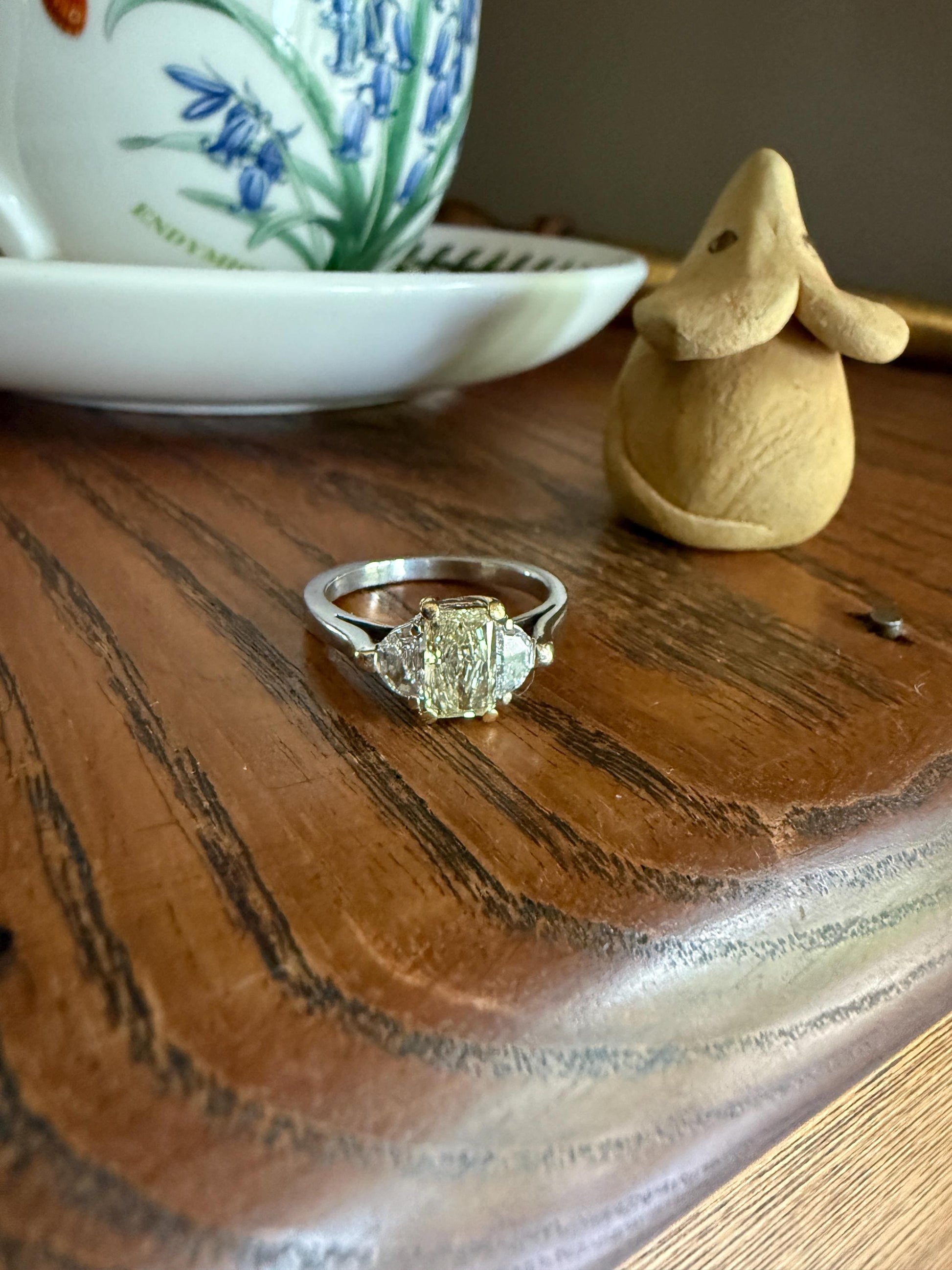 Pale Yellow Eye Clean 1.6Ctw Natural Radiant Cut DIAMOND Ring Solitaire Step Cut Half Moon Accents Three Stone 14k 18k Gold Engagement Ring