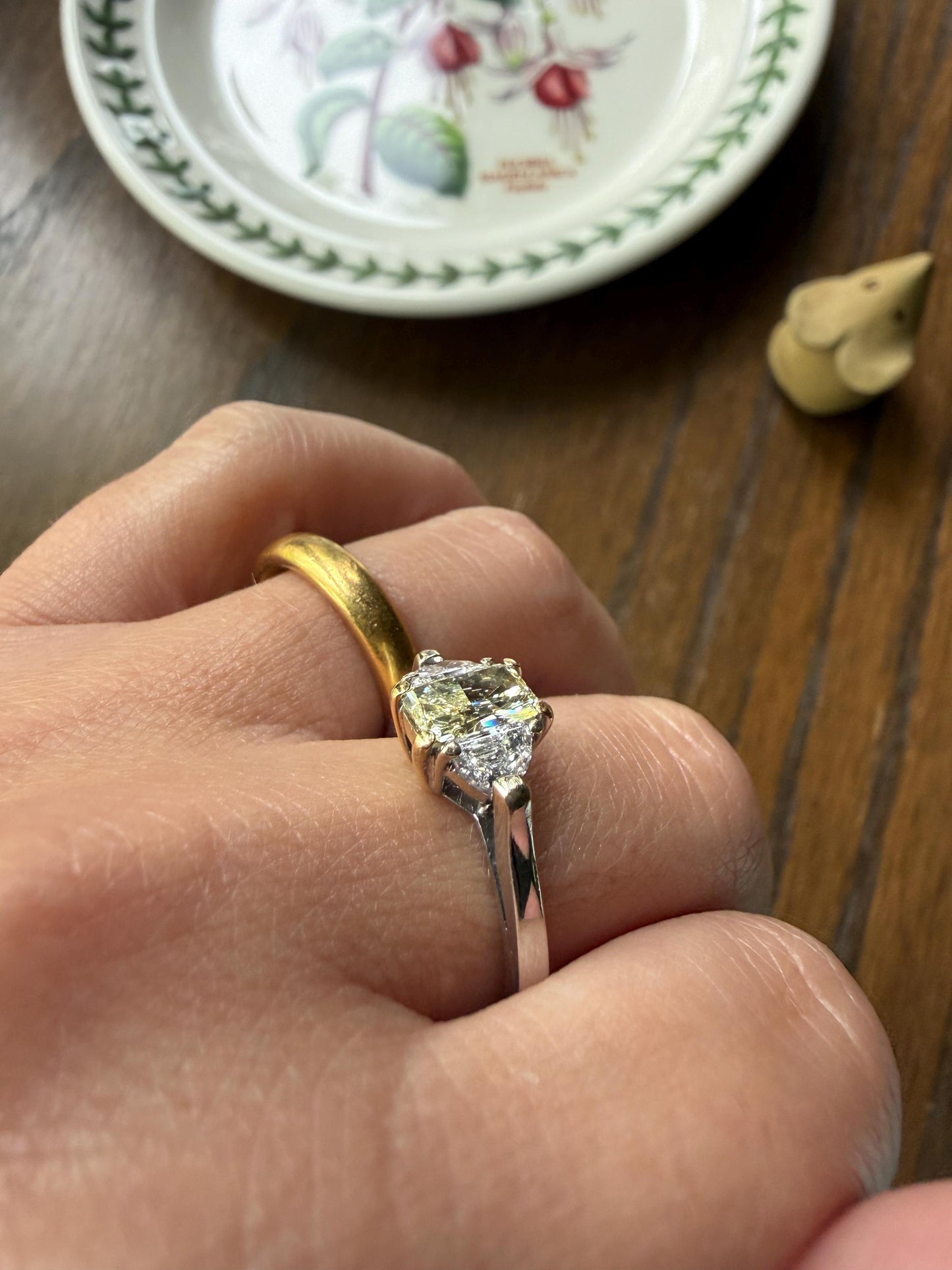 Pale Yellow Eye Clean 1.6Ctw Natural Radiant Cut DIAMOND Ring Solitaire Step Cut Half Moon Accents Three Stone 14k 18k Gold Engagement Ring
