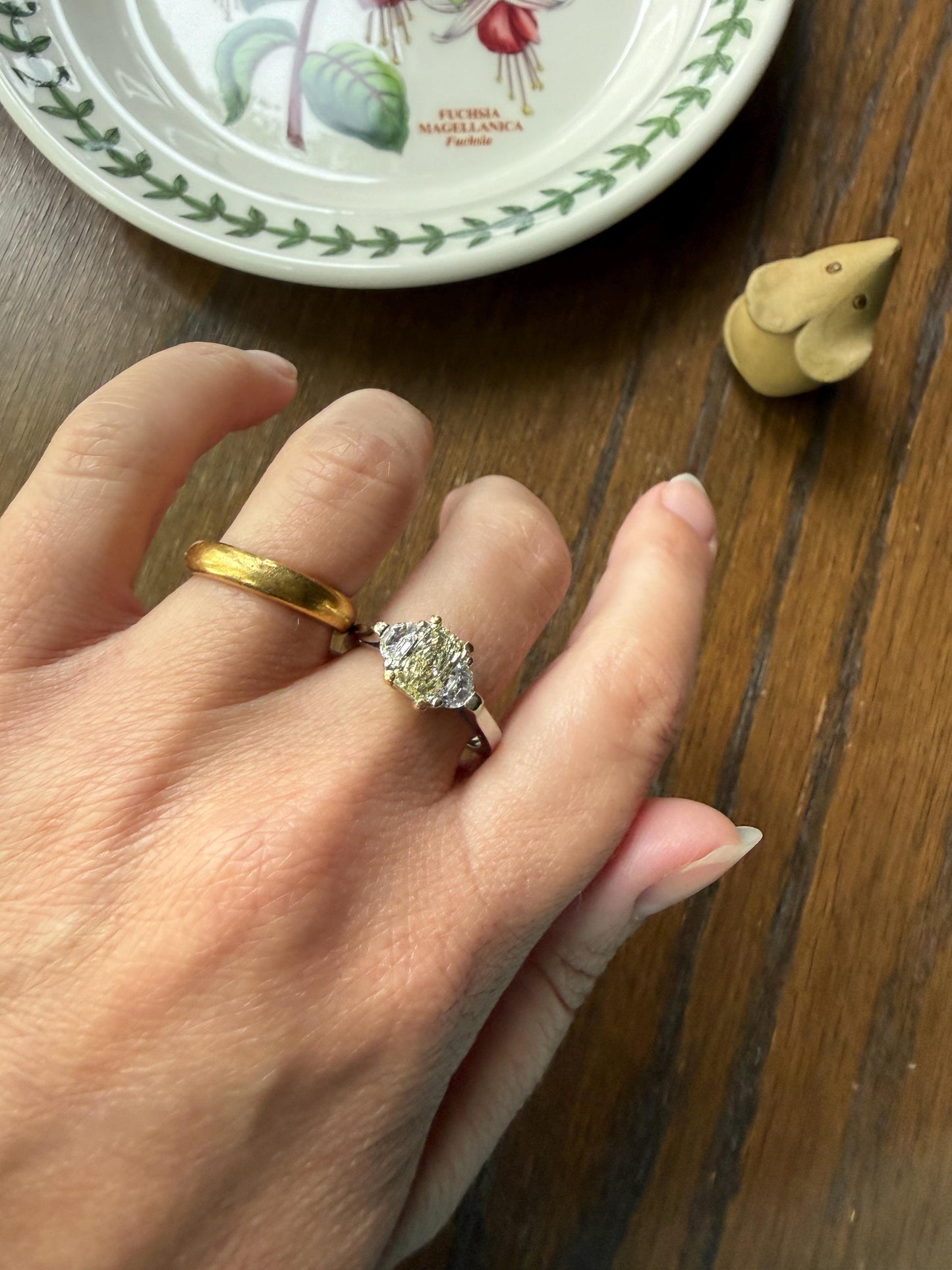 Pale Yellow Eye Clean 1.6Ctw Natural Radiant Cut DIAMOND Ring Solitaire Step Cut Half Moon Accents Three Stone 14k 18k Gold Engagement Ring