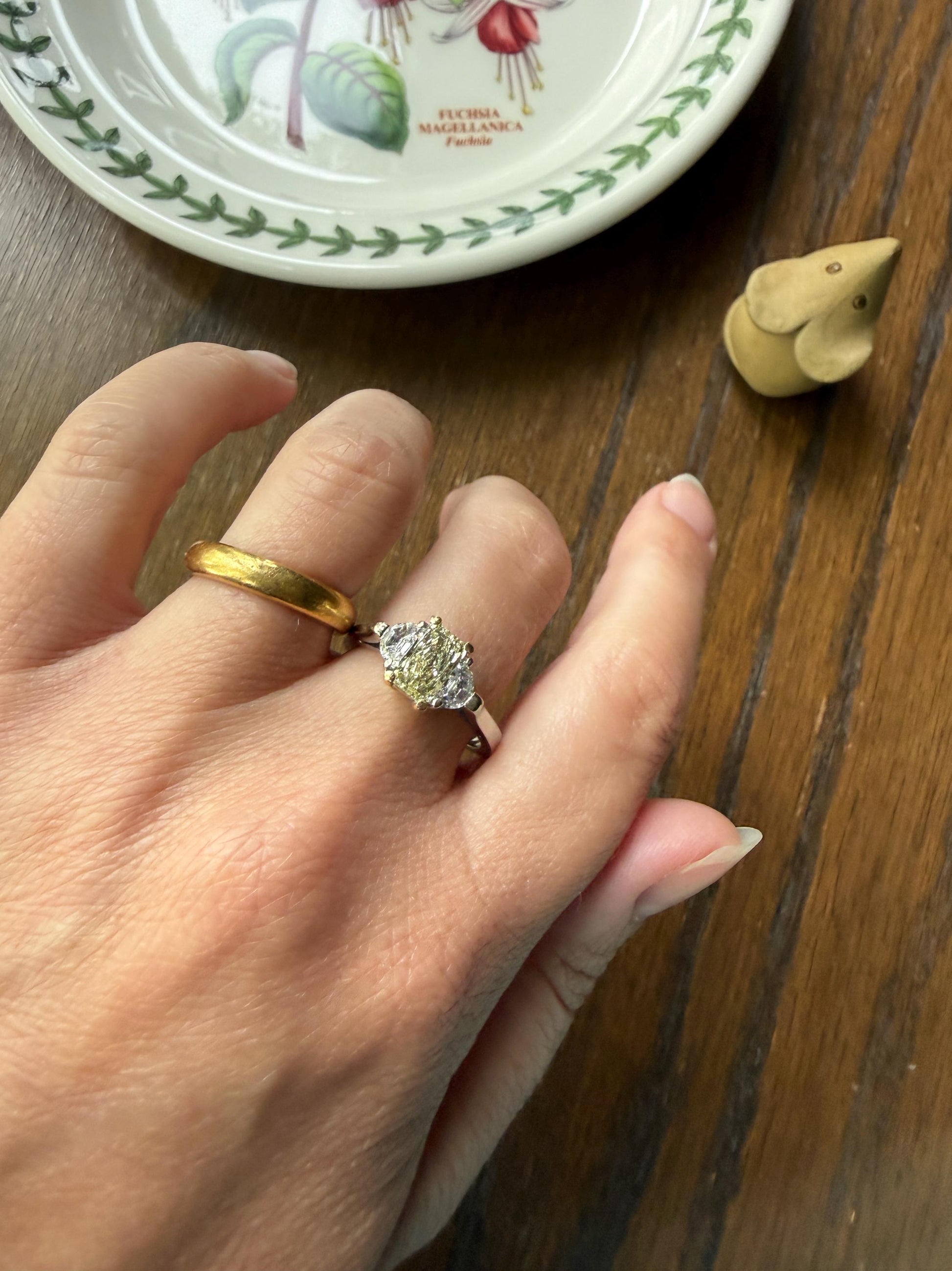 Pale Yellow Eye Clean 1.6Ctw Natural Radiant Cut DIAMOND Ring Solitaire Step Cut Half Moon Accents Three Stone 14k 18k Gold Engagement Ring