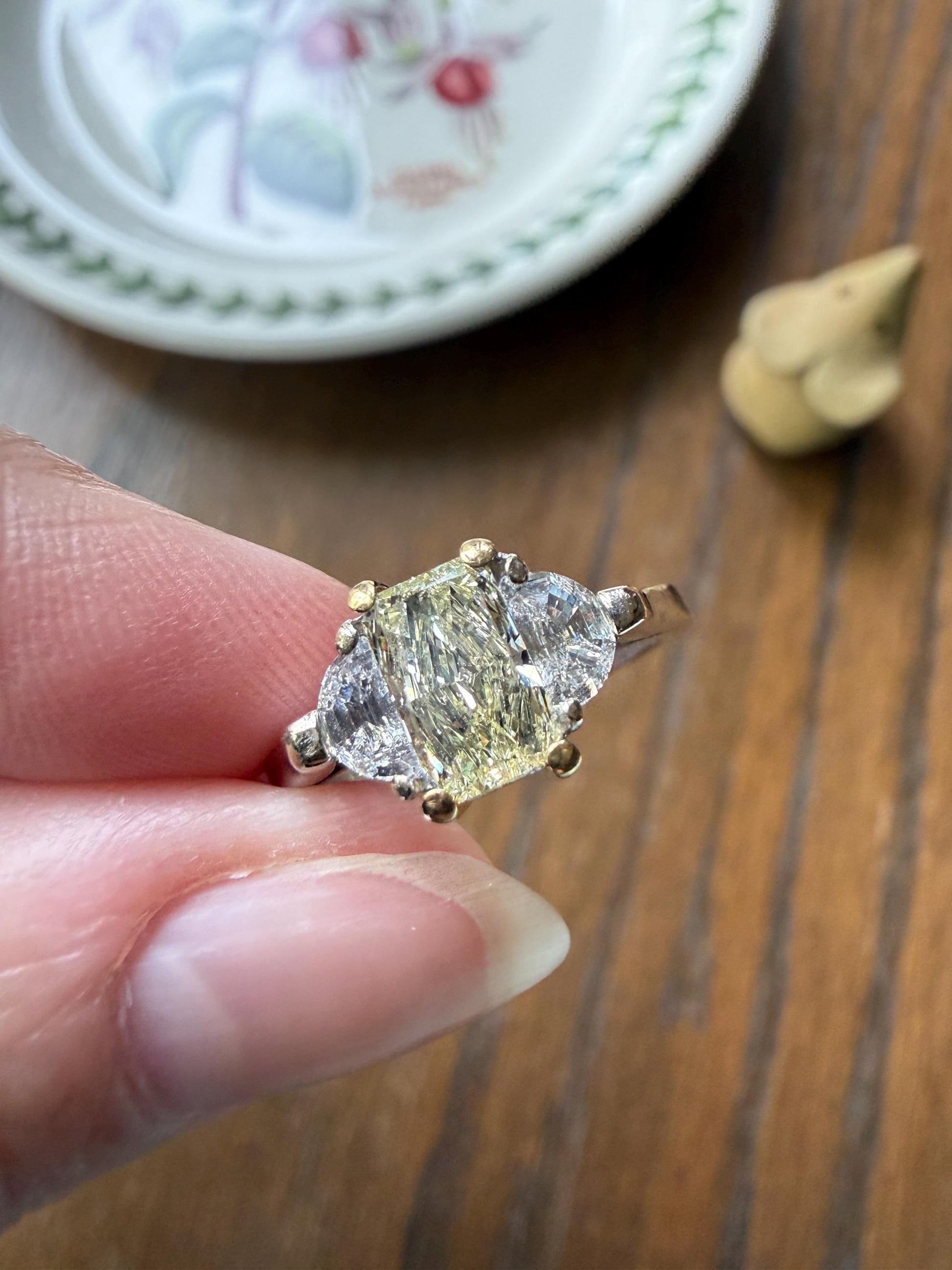 Pale Yellow Eye Clean 1.6Ctw Natural Radiant Cut DIAMOND Ring Solitaire Step Cut Half Moon Accents Three Stone 14k 18k Gold Engagement Ring
