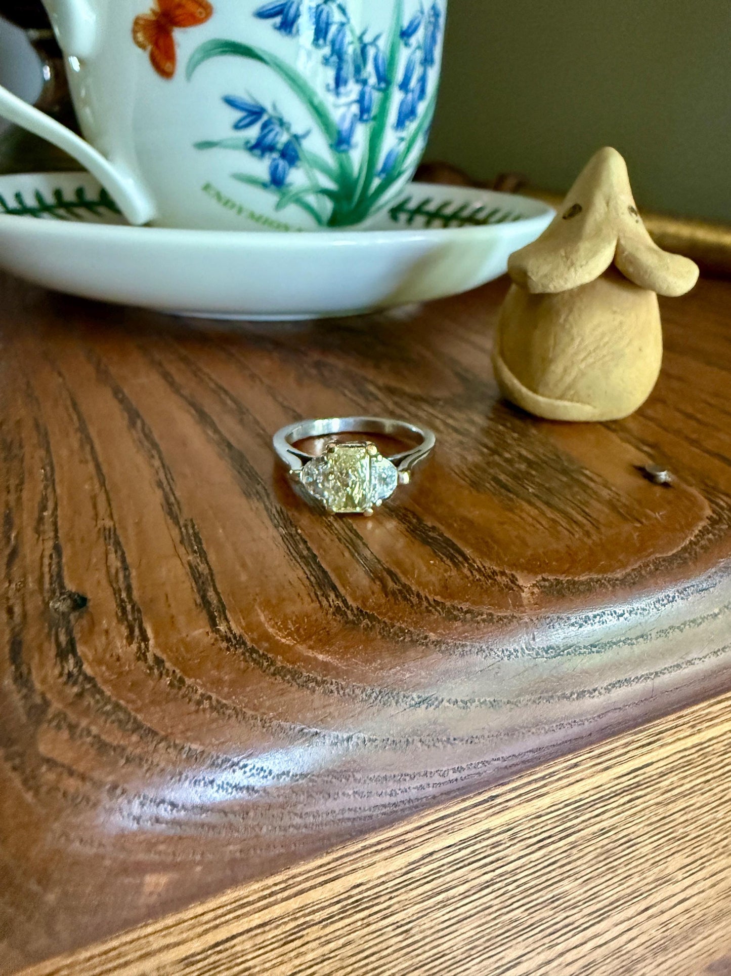 Pale Yellow Eye Clean 1.6Ctw Natural Radiant Cut DIAMOND Ring Solitaire Step Cut Half Moon Accents Three Stone 14k 18k Gold Engagement Ring