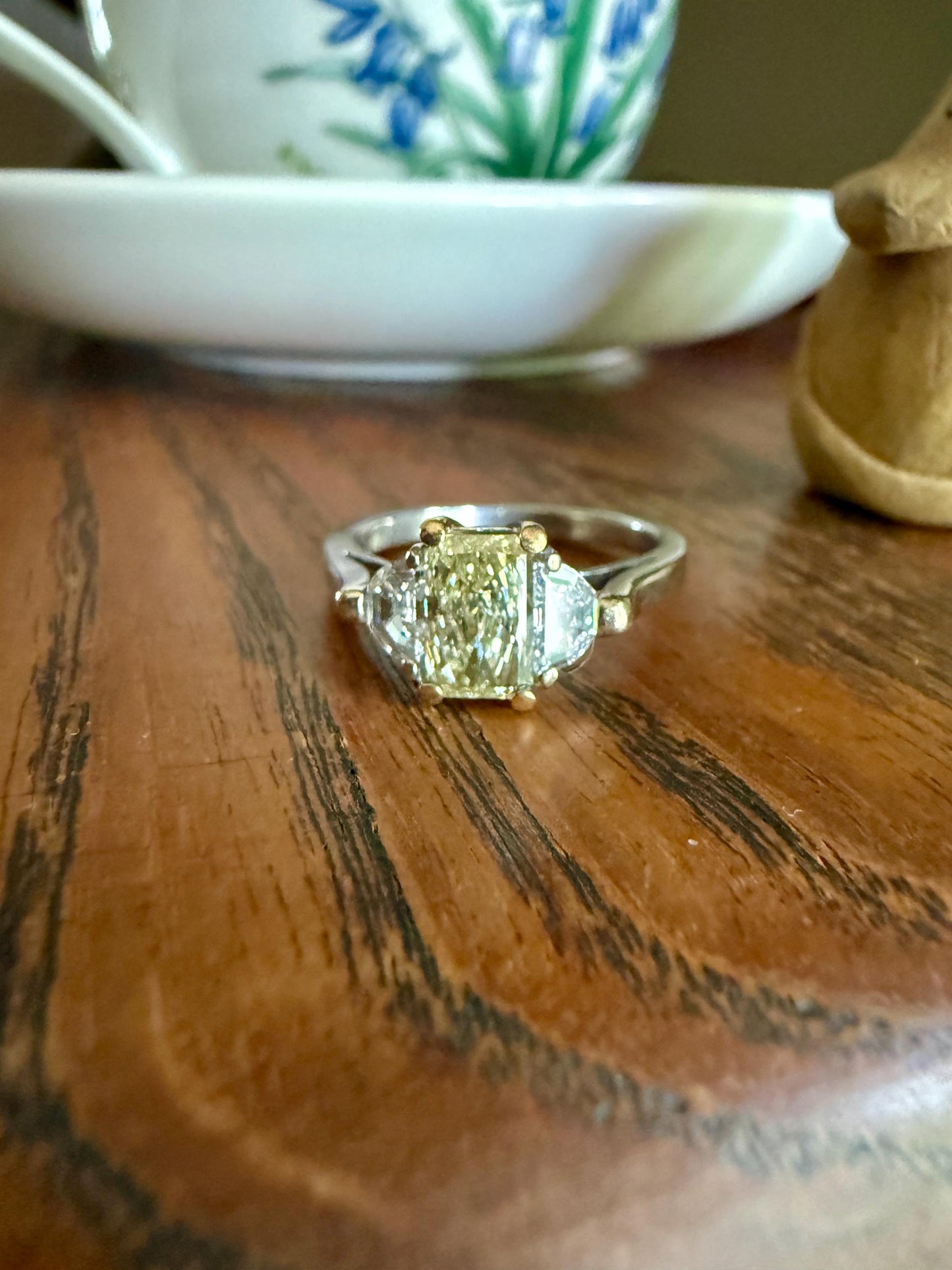 Pale Yellow Eye Clean 1.6Ctw Natural Radiant Cut DIAMOND Ring Solitaire Step Cut Half Moon Accents Three Stone 14k 18k Gold Engagement Ring