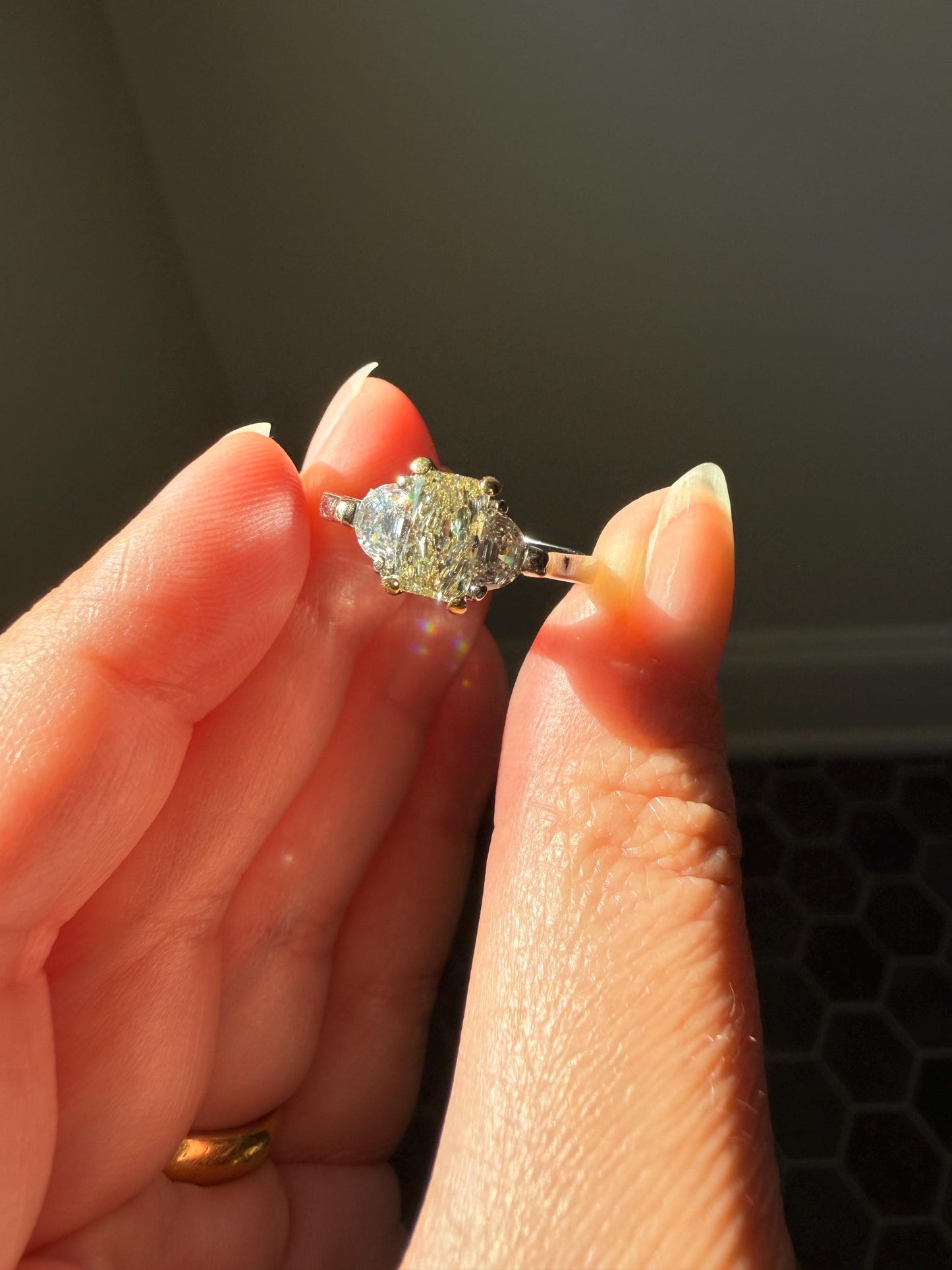 Pale Yellow Eye Clean 1.6Ctw Natural Radiant Cut DIAMOND Ring Solitaire Step Cut Half Moon Accents Three Stone 14k 18k Gold Engagement Ring