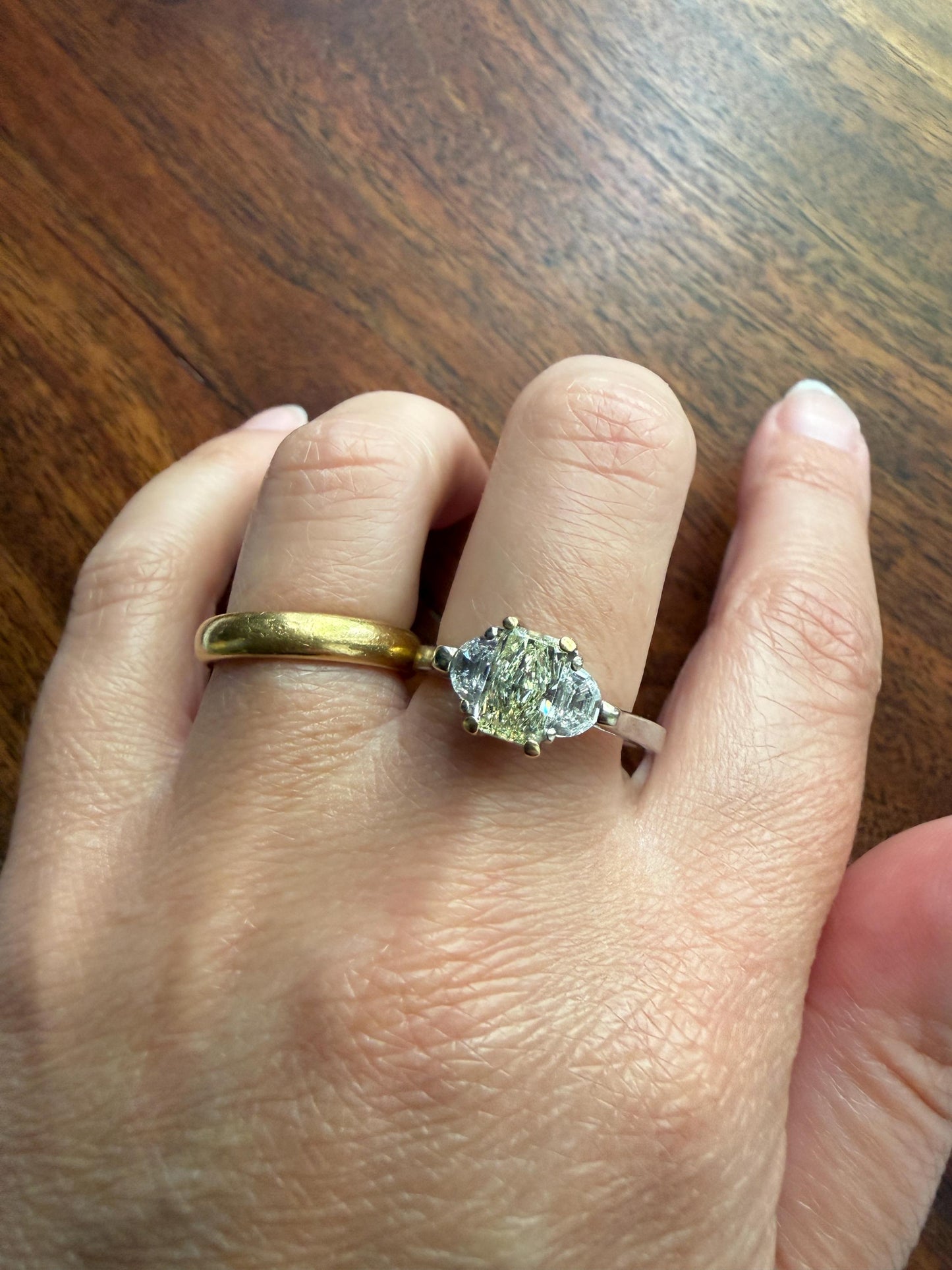 Pale Yellow Eye Clean 1.6Ctw Natural Radiant Cut DIAMOND Ring Solitaire Step Cut Half Moon Accents Three Stone 14k 18k Gold Engagement Ring