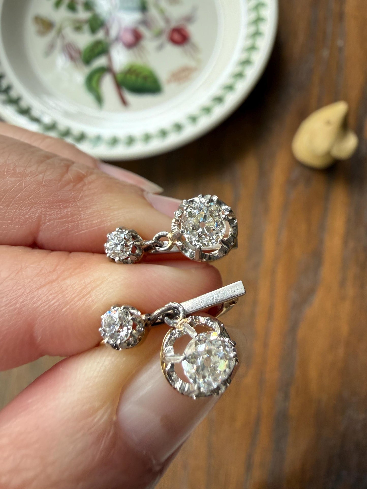 FRENCH Antique Boxed 1.4 Carat Tdw Old Mine Cut DIAMOND Natural Fleur de Lis Crown Earrings 18k Gold Platinum Victorian Dangle Dormeuse
