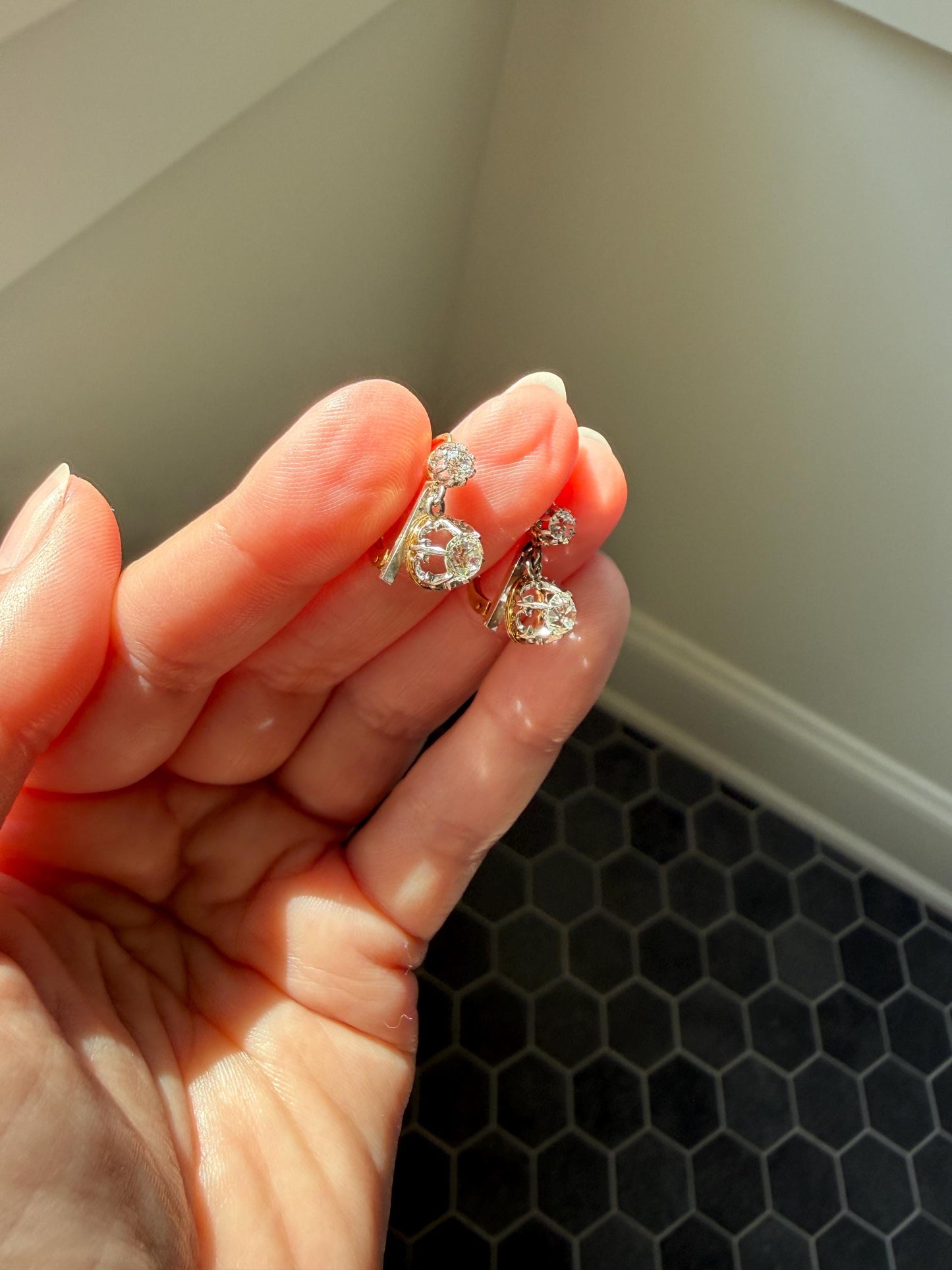 FRENCH Antique Boxed 1.4 Carat Tdw Old Mine Cut DIAMOND Natural Fleur de Lis Crown Earrings 18k Gold Platinum Victorian Dangle Dormeuse