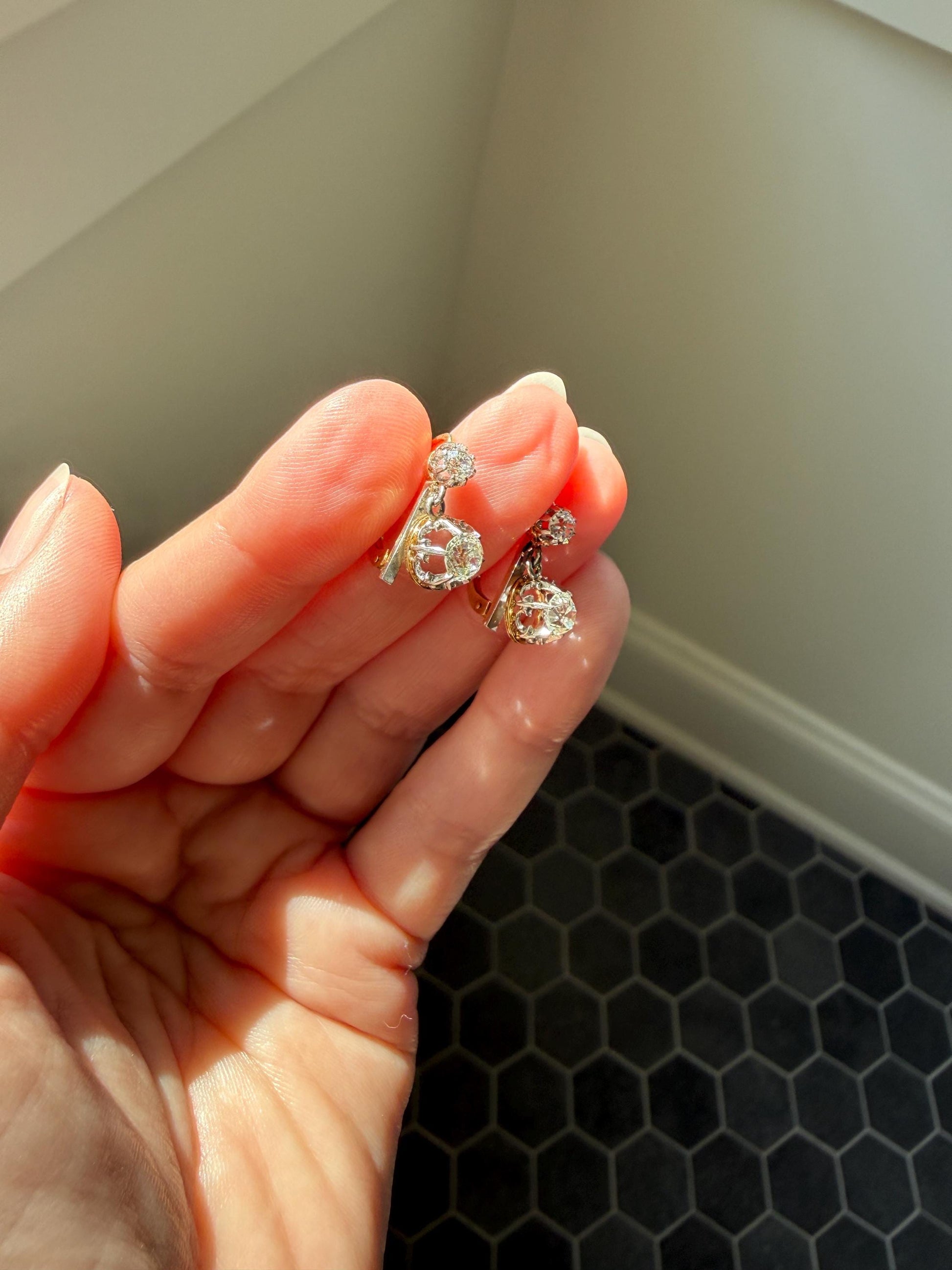 FRENCH Antique Boxed 1.4 Carat Tdw Old Mine Cut DIAMOND Natural Fleur de Lis Crown Earrings 18k Gold Platinum Victorian Dangle Dormeuse