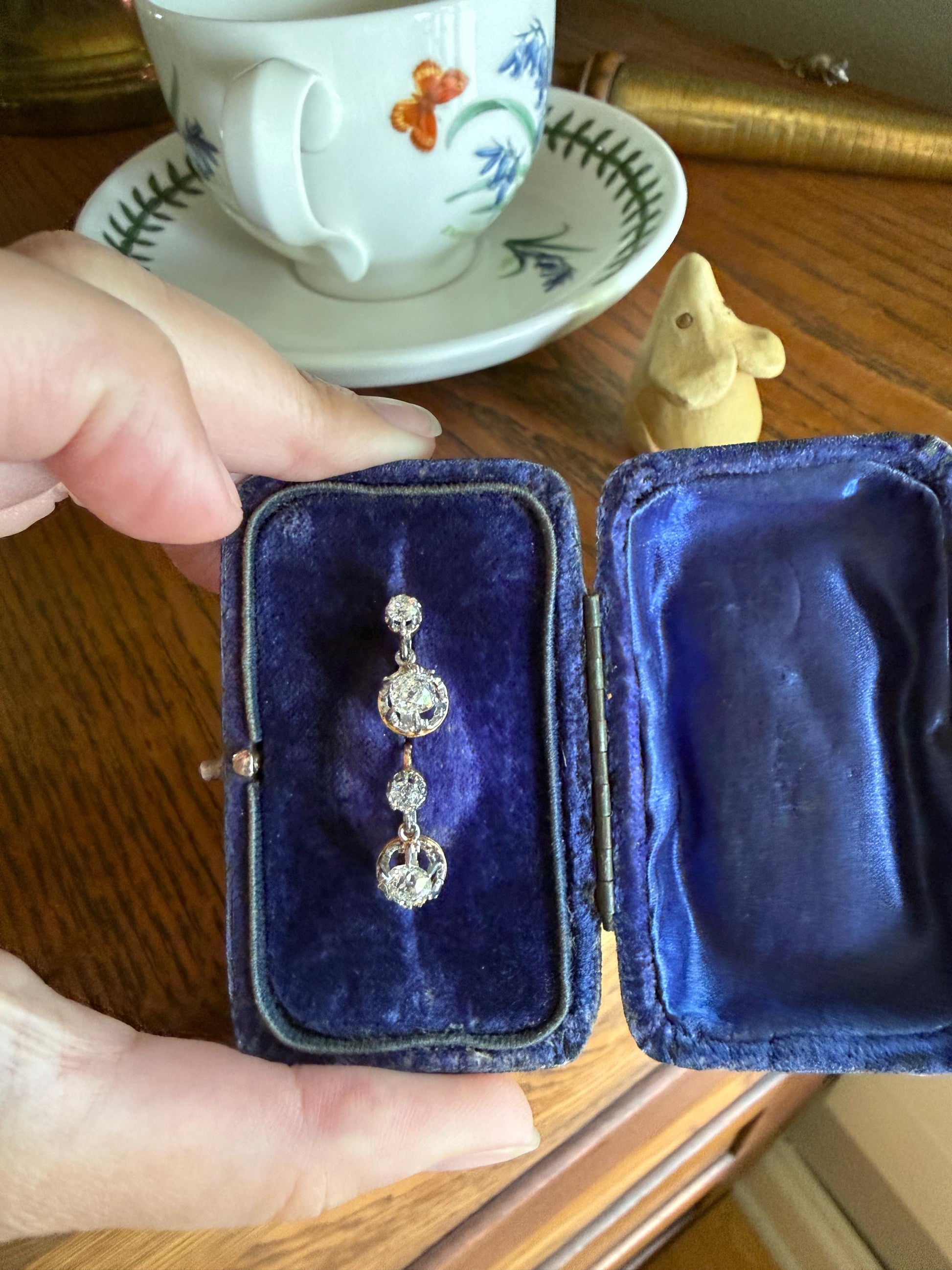 FRENCH Antique Boxed 1.4 Carat Tdw Old Mine Cut DIAMOND Natural Fleur de Lis Crown Earrings 18k Gold Platinum Victorian Dangle Dormeuse