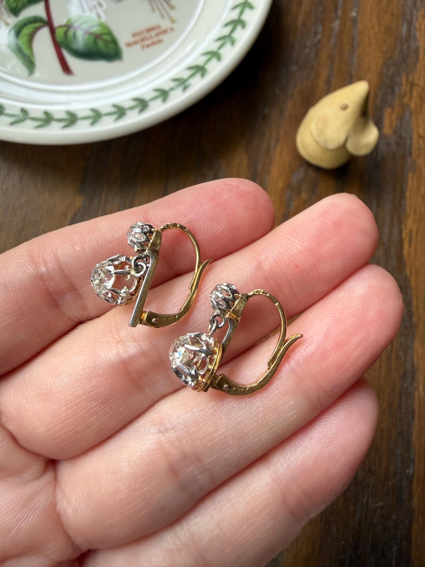FRENCH Antique Boxed 1.4 Carat Tdw Old Mine Cut DIAMOND Natural Fleur de Lis Crown Earrings 18k Gold Platinum Victorian Dangle Dormeuse