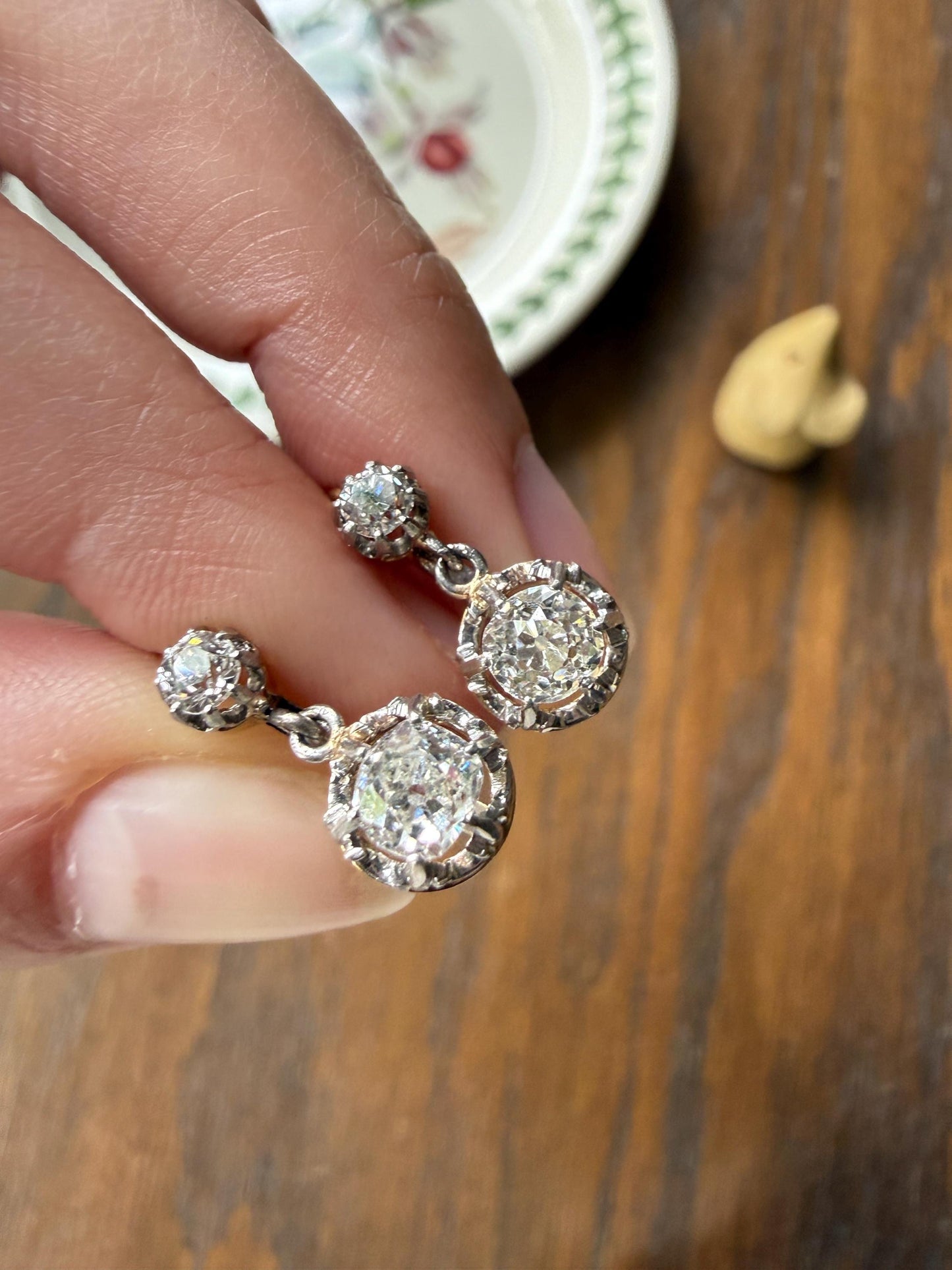 FRENCH Antique Boxed 1.4 Carat Tdw Old Mine Cut DIAMOND Natural Fleur de Lis Crown Earrings 18k Gold Platinum Victorian Dangle Dormeuse