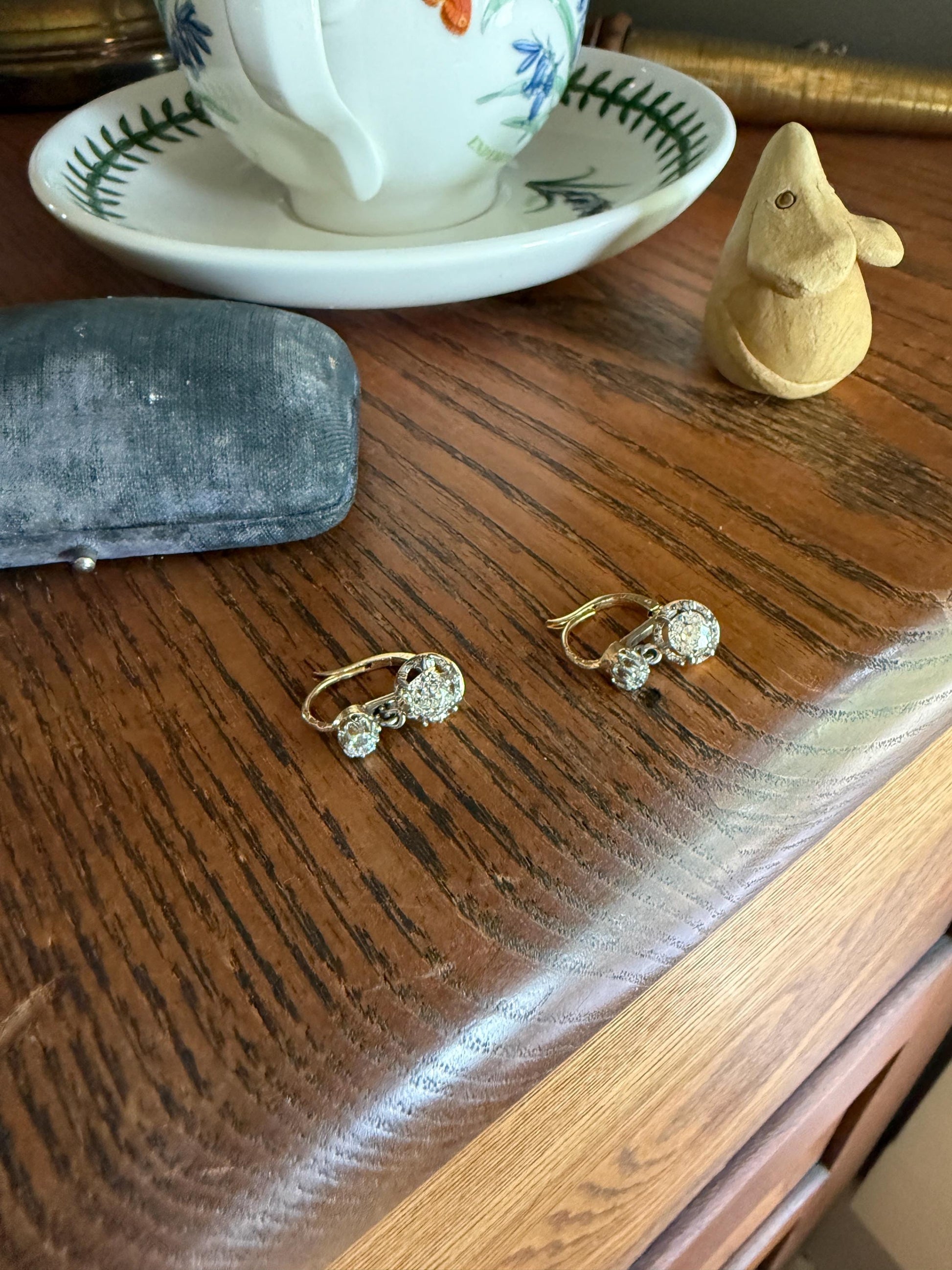 FRENCH Antique Boxed 1.4 Carat Tdw Old Mine Cut DIAMOND Natural Fleur de Lis Crown Earrings 18k Gold Platinum Victorian Dangle Dormeuse
