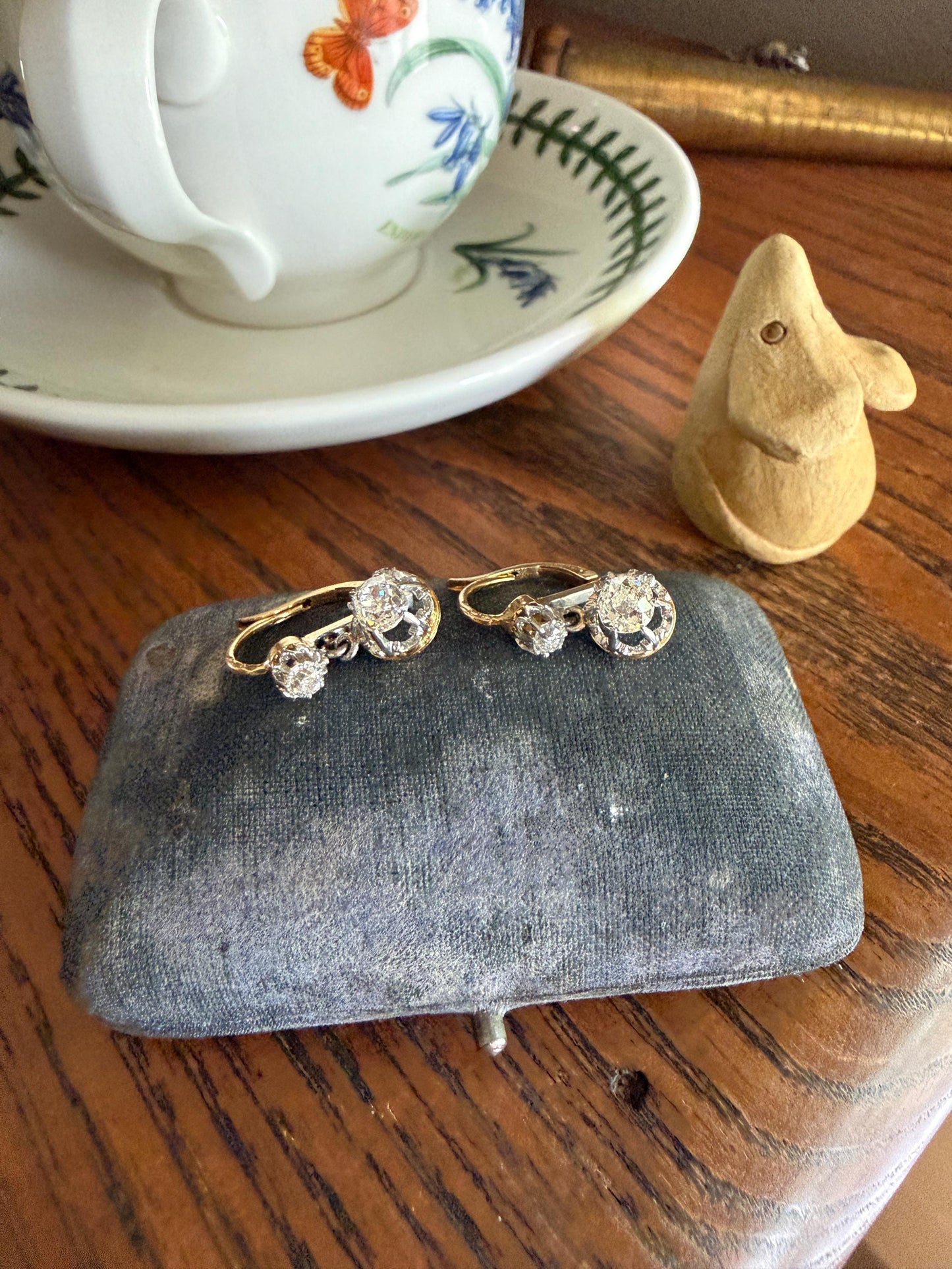 FRENCH Antique Boxed 1.4 Carat Tdw Old Mine Cut DIAMOND Natural Fleur de Lis Crown Earrings 18k Gold Platinum Victorian Dangle Dormeuse