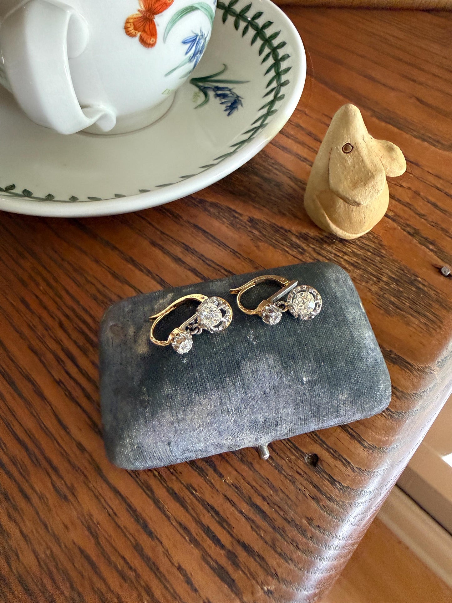 FRENCH Antique Boxed 1.4 Carat Tdw Old Mine Cut DIAMOND Natural Fleur de Lis Crown Earrings 18k Gold Platinum Victorian Dangle Dormeuse