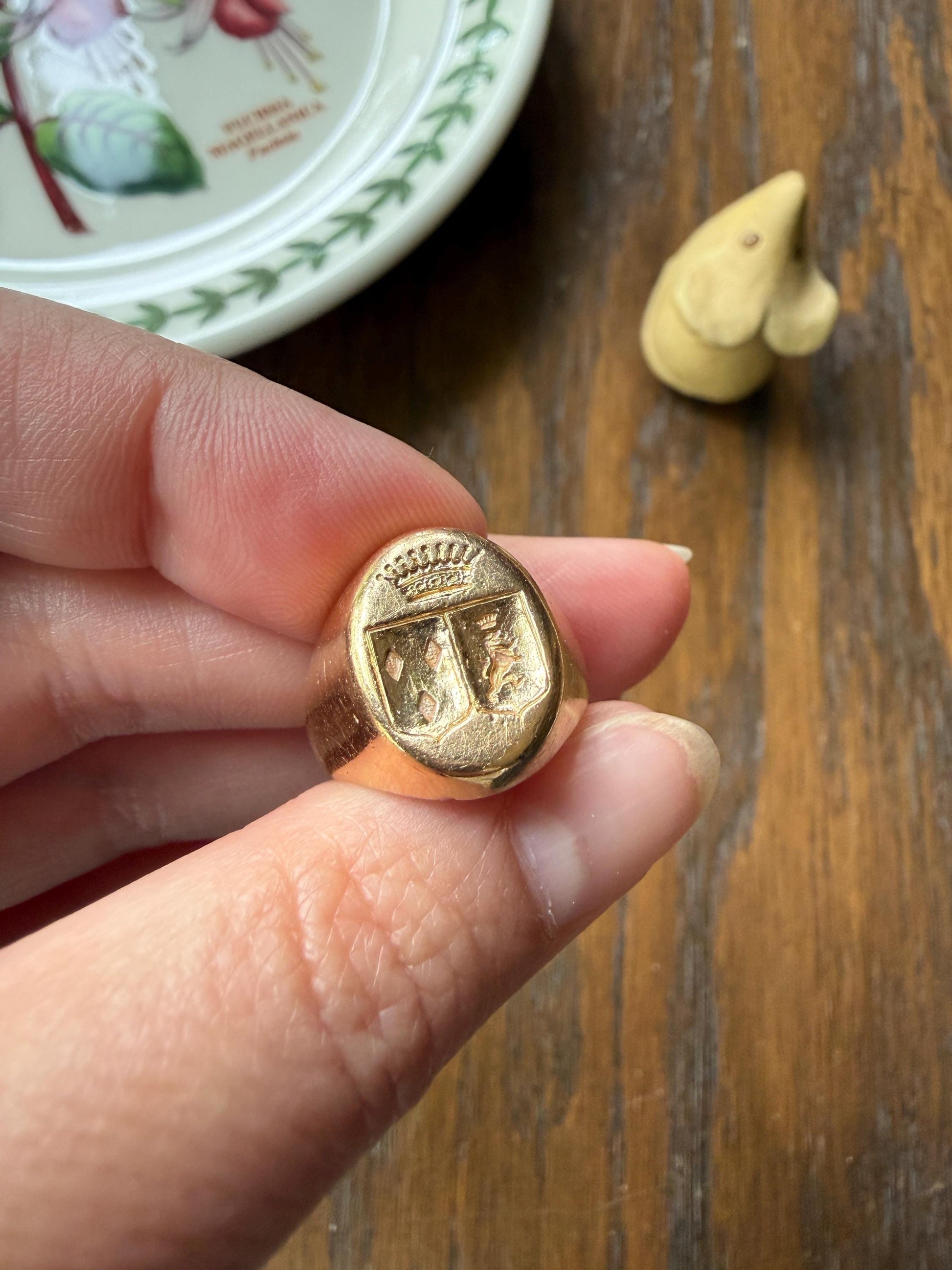 HEAVY 13g 18k Gold Count's CROWN French Nobility Antique SIGNET Ring Diamonds on Shield Lion Rampant Crest Chunky Band Coat of Arms Unisex
