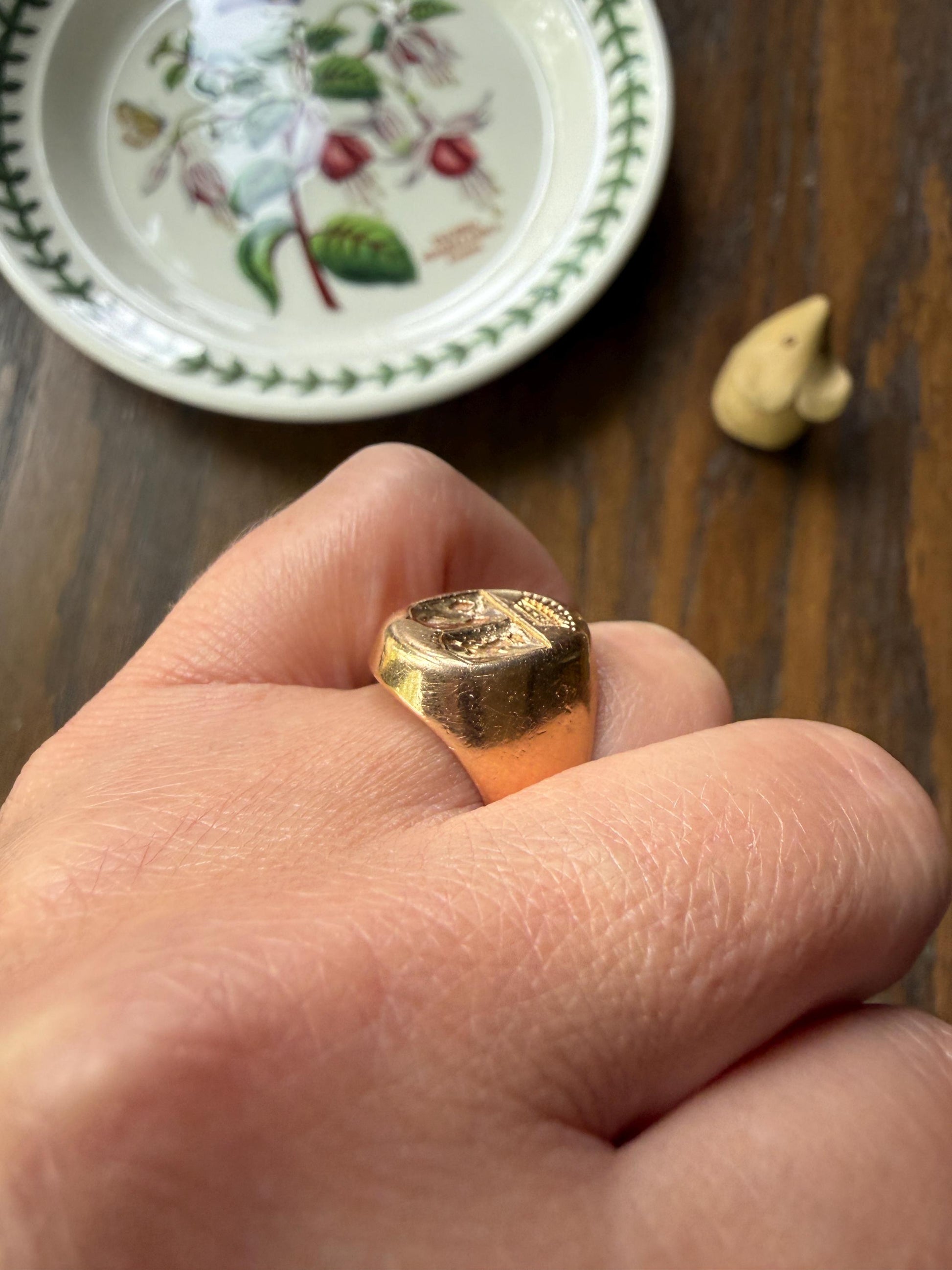 HEAVY 13g 18k Gold Count's CROWN French Nobility Antique SIGNET Ring Diamonds on Shield Lion Rampant Crest Chunky Band Coat of Arms Unisex