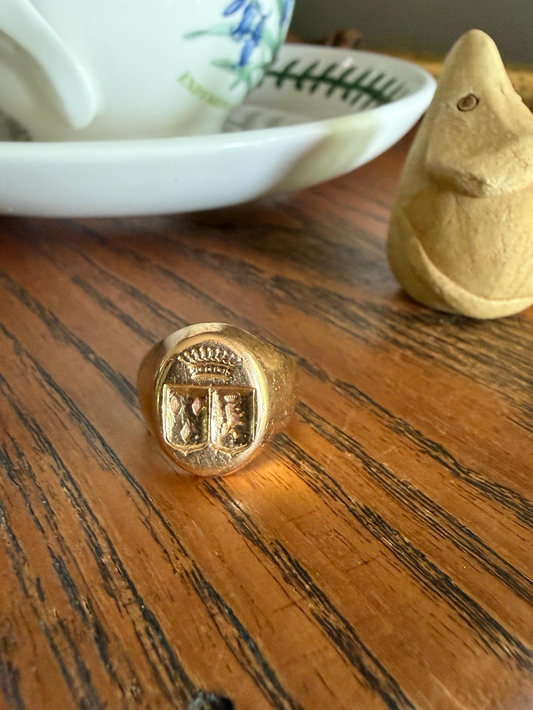HEAVY 13g 18k Gold Count's CROWN French Nobility Antique SIGNET Ring Diamonds on Shield Lion Rampant Crest Chunky Band Coat of Arms Unisex