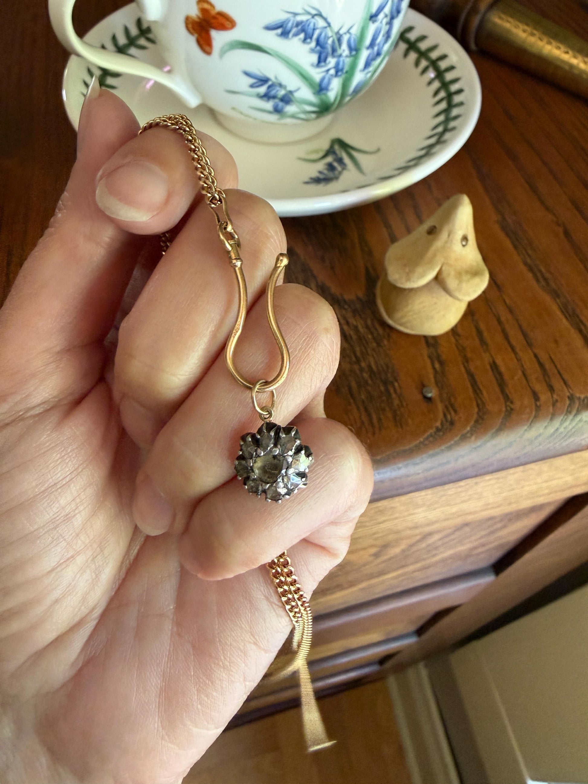 Georgian Daisy Cluster Pendant Rose Cut DIAMOND Antique Victorian 18k Gold Silver Collets 14k Loops Pendant Necklace Bracelet Charm Floral