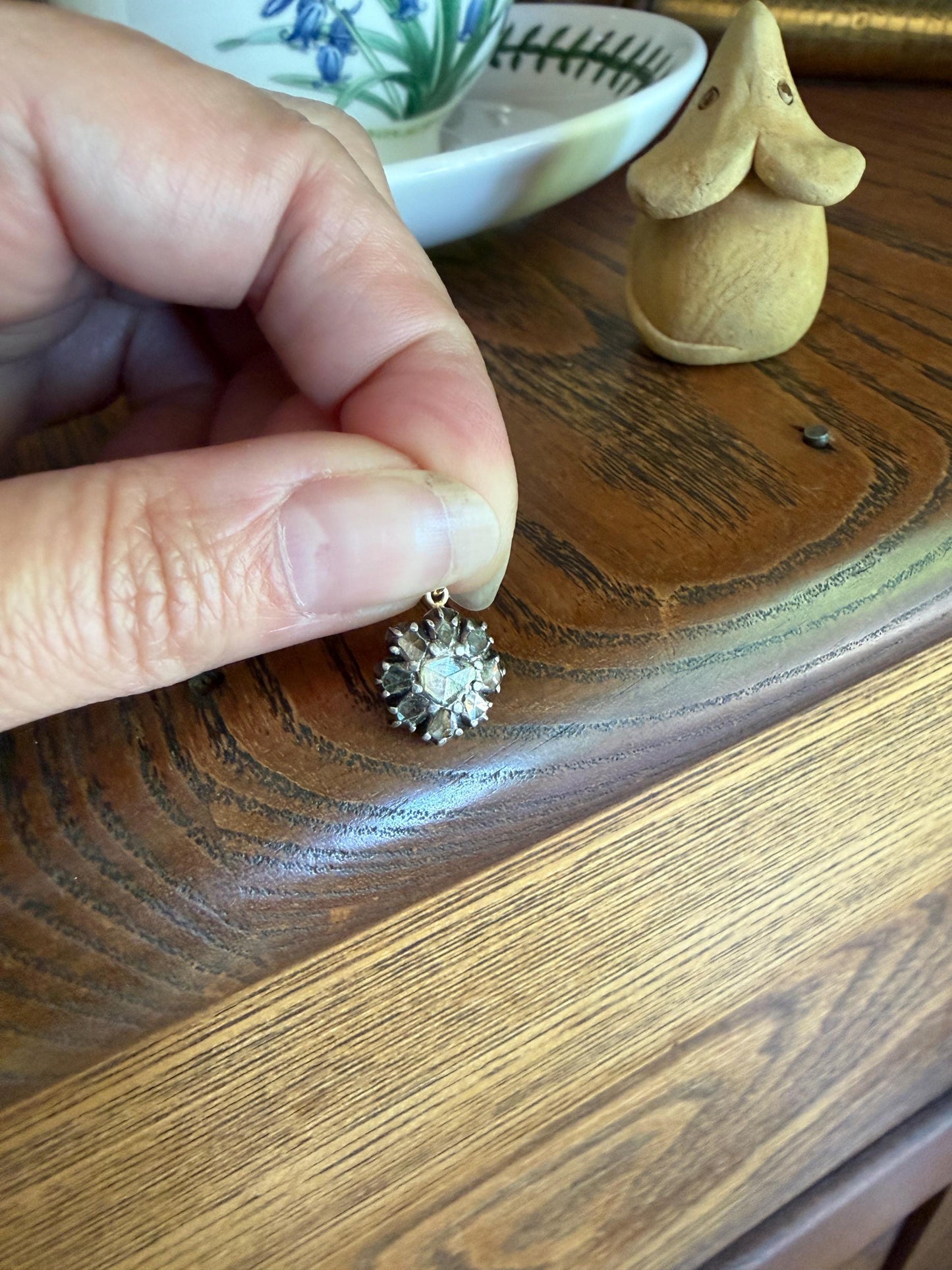 Georgian Daisy Cluster Pendant Rose Cut DIAMOND Antique Victorian 18k Gold Silver Collets 14k Loops Pendant Necklace Bracelet Charm Floral