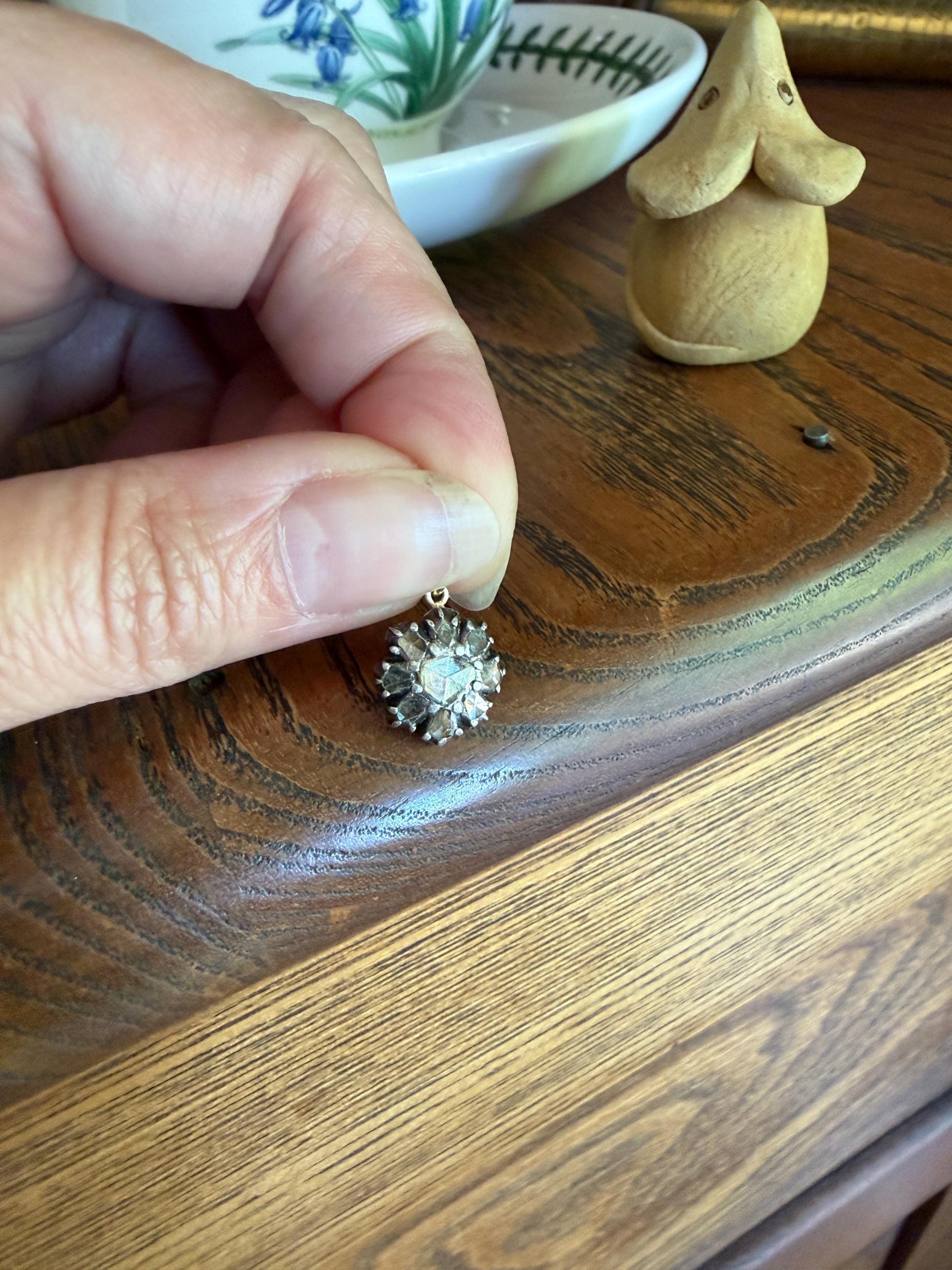 Georgian Daisy Cluster Pendant Rose Cut DIAMOND Antique Victorian 18k Gold Silver Collets 14k Loops Pendant Necklace Bracelet Charm Floral