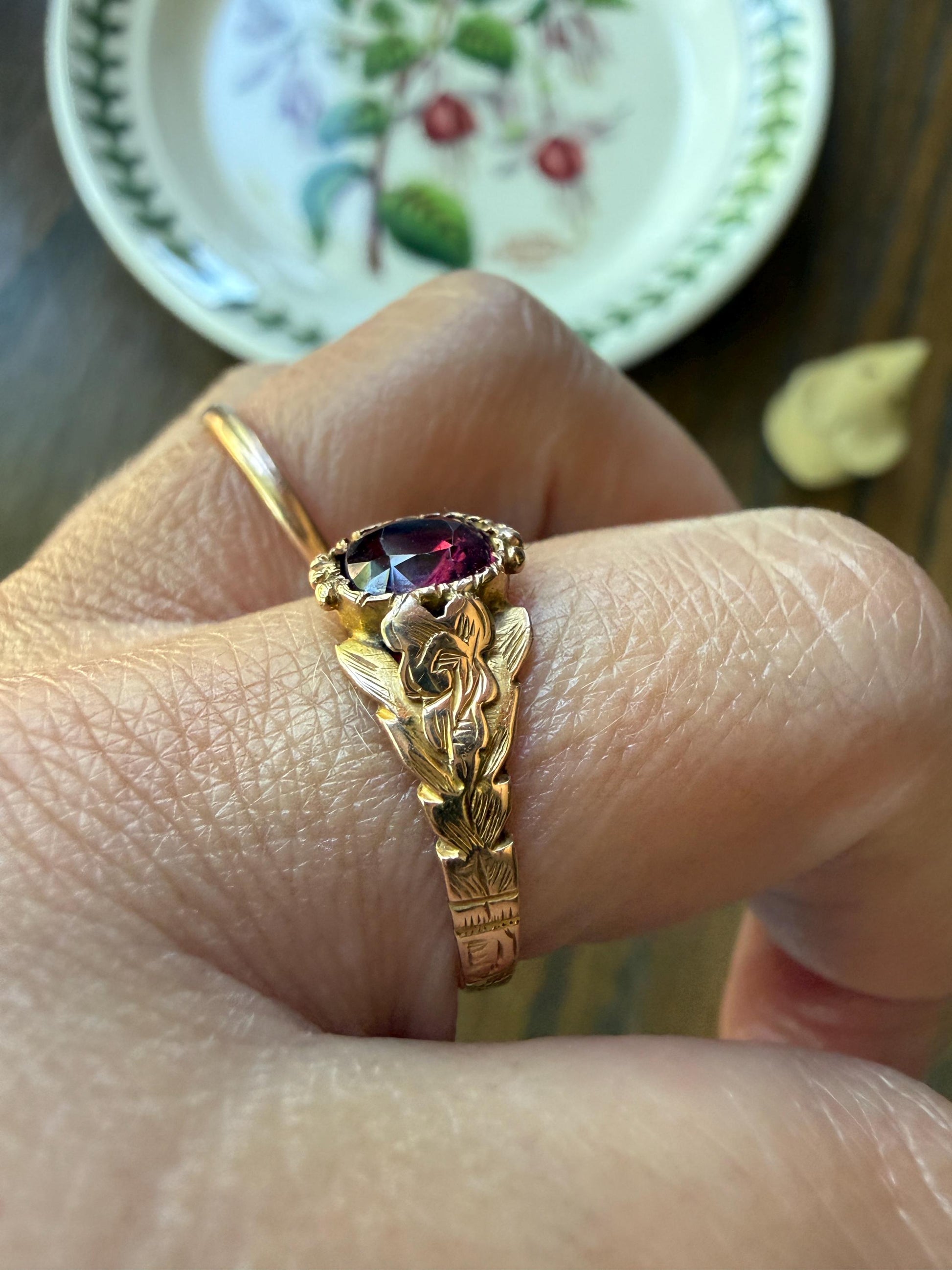 Ornate GARNET Victorian Engraved Antique Ring 14k Gold Solid Stacker Swirled Shoulder